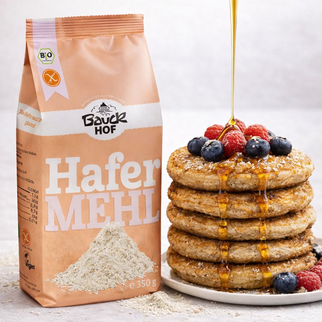 Bauckhof Hafermehl Vollkorn glutenfrei neben einem Stapel Pfannkuchen, beträufelt mit Sirup und garniert mit Beeren.
