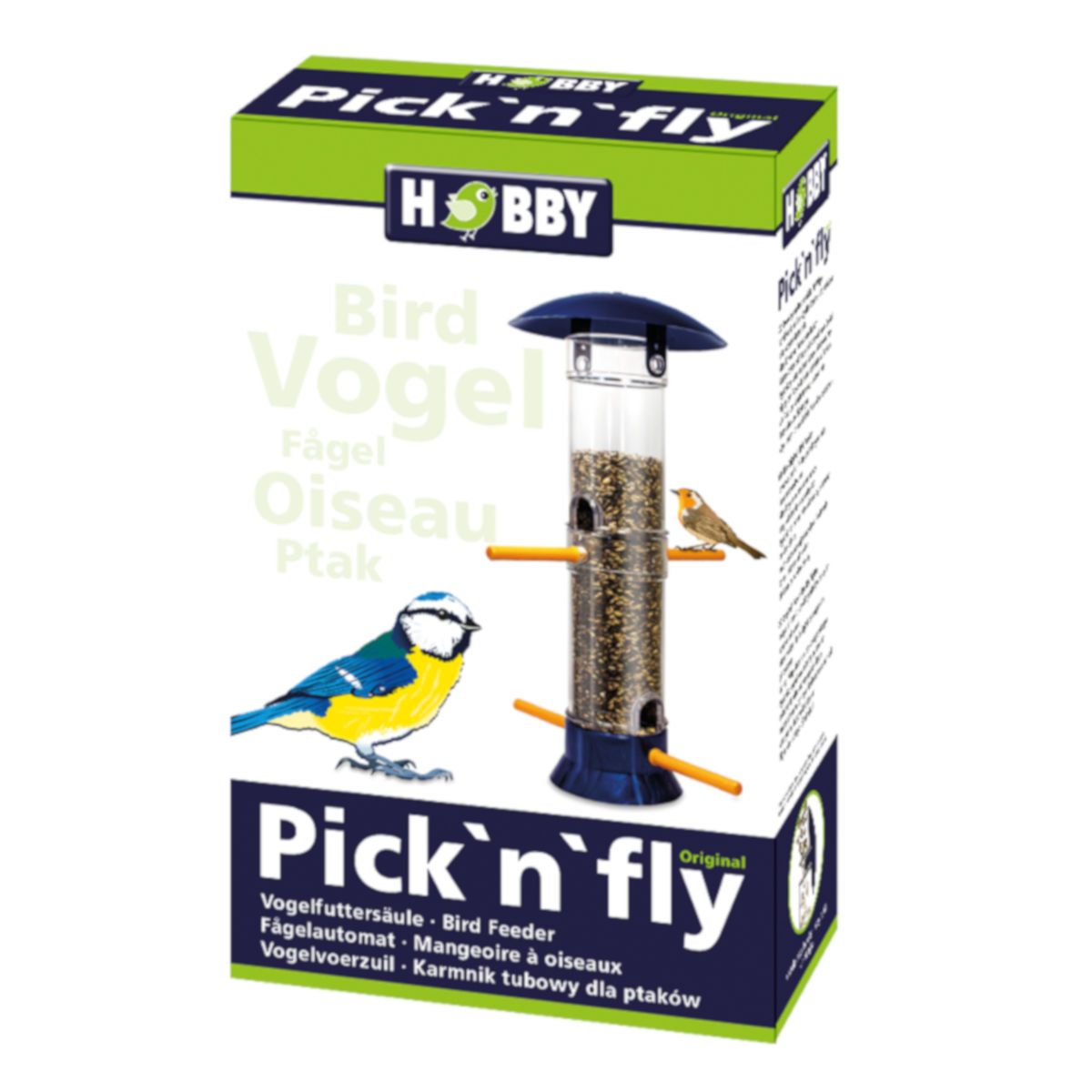Vogelfutterautomat in Verpackung. Blaue und grüne Box mit Produktabbildung und Text. Vogel auf Futtersäule.