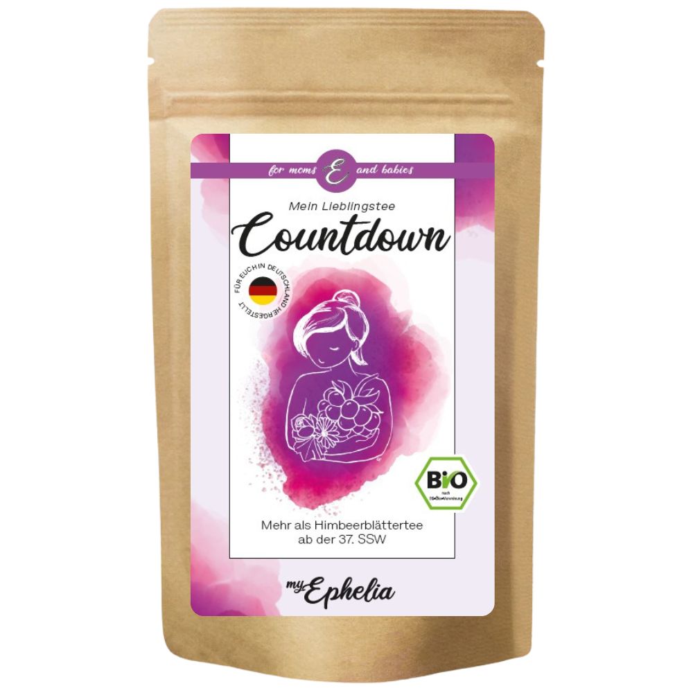 Beutel mit Aufdruck. Aufschrift: Mein Lieblingstee Countdown. Logo: myEphelia. Bio-Siegel.