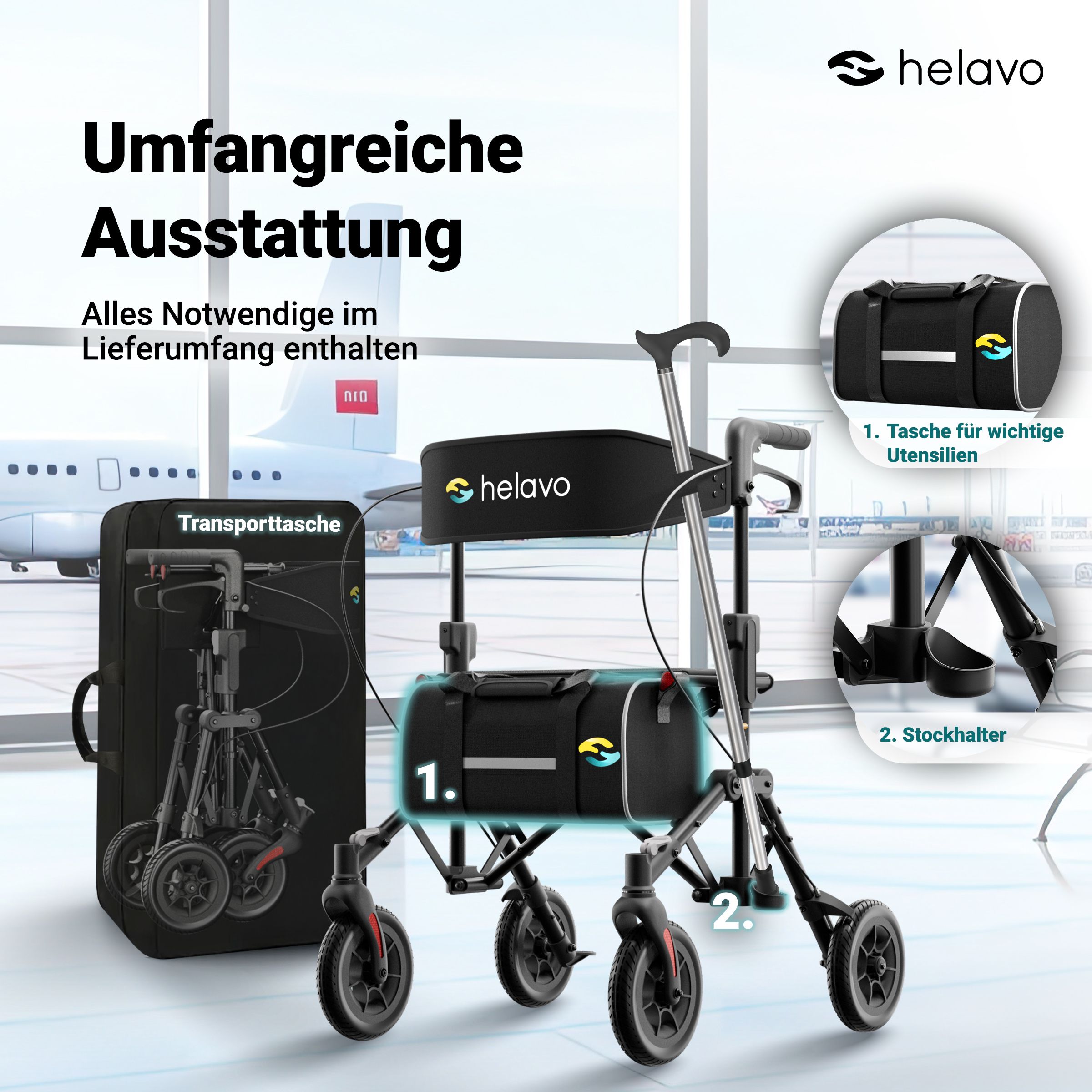 Helavo Reiserollator faltbar leicht mit Sitz Transporttasche und PU Raedern 8,5kg