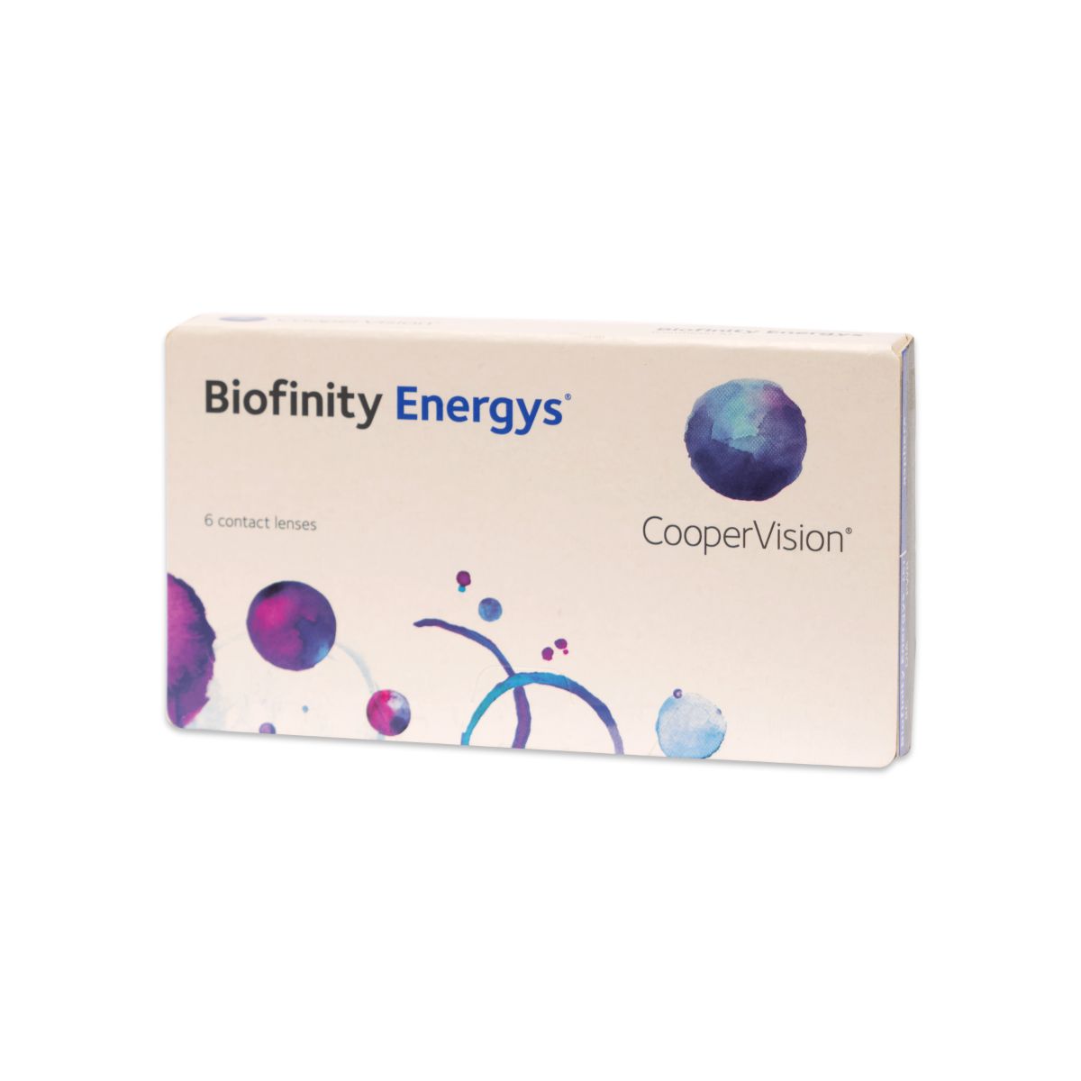 Schrägansicht der Biofinity Energys Kontaktlinsenverpackung. Sechs Linsen, Hersteller CooperVision. Produktname und Logos.