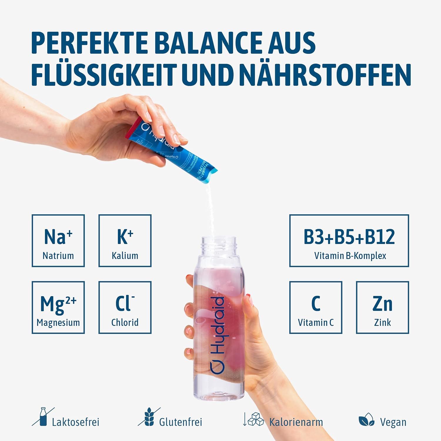 Hände gießen Pulver in eine Flasche. Diagramm zeigt Inhaltsstoffe: Na+, K+, Mg2+, Cl-, B3+B5+B12, C, Zn. Text: Perfekte Balance aus Flüssigkeit und Nährstoffen.