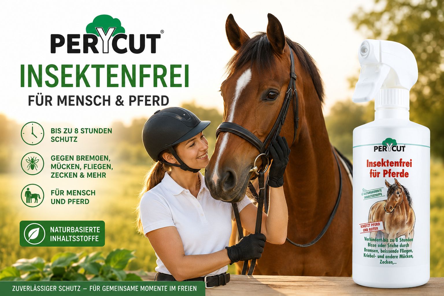 PERYCUT Insektenfrei für Mensch & Pferd: Frau mit Helm und Pferd, daneben PERYCUT Insektenfrei Sprühflasche.