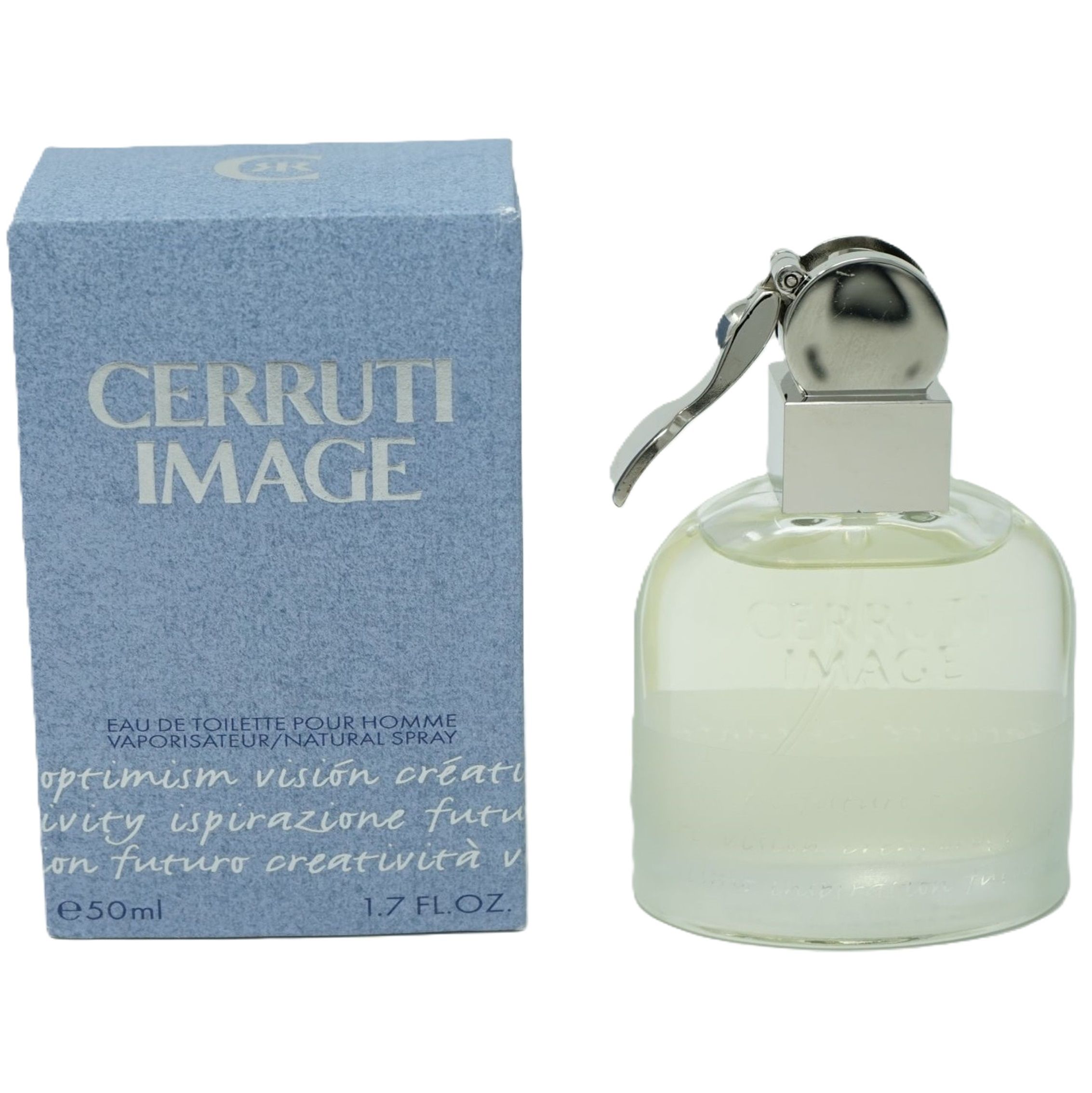 Cerruti Image Pour Homme Eau de Toilette Flakon und Schachtel. Hellblauer Karton, Glasflakon mit silbernem Verschluss.