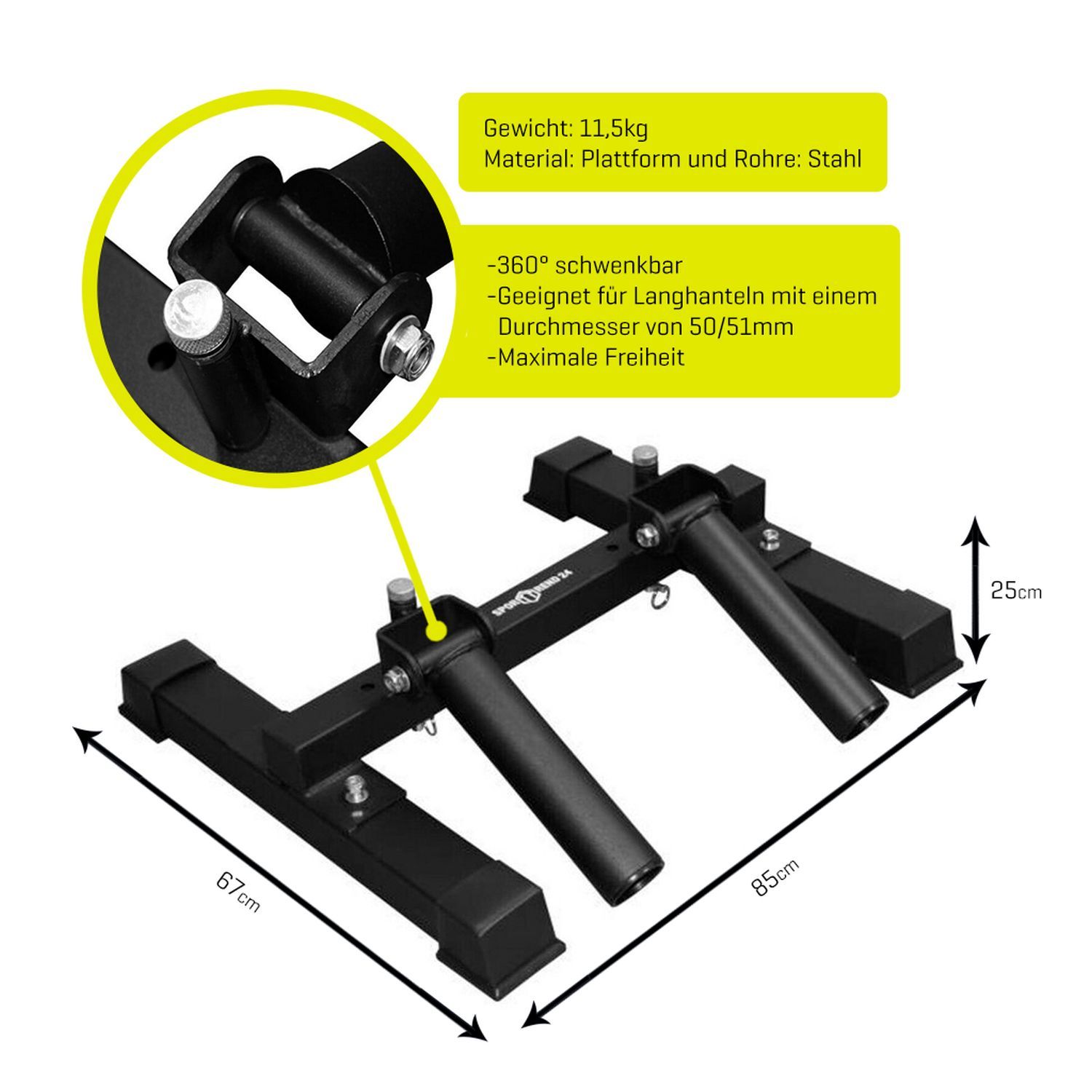 T-Bar Row Langhanteltrainer mit Maßen. Gewicht 11,5 kg, Stahl. 360° schwenkbar, für Langhanteln 50/51mm.