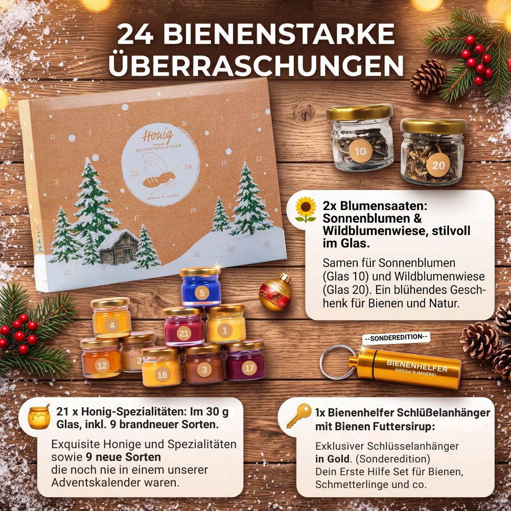Adventskalender mit 24 Honiggläsern, Bienenhelfer-Schlüsselanhänger, Blumensamen und Dekoration. Text auf Deutsch.