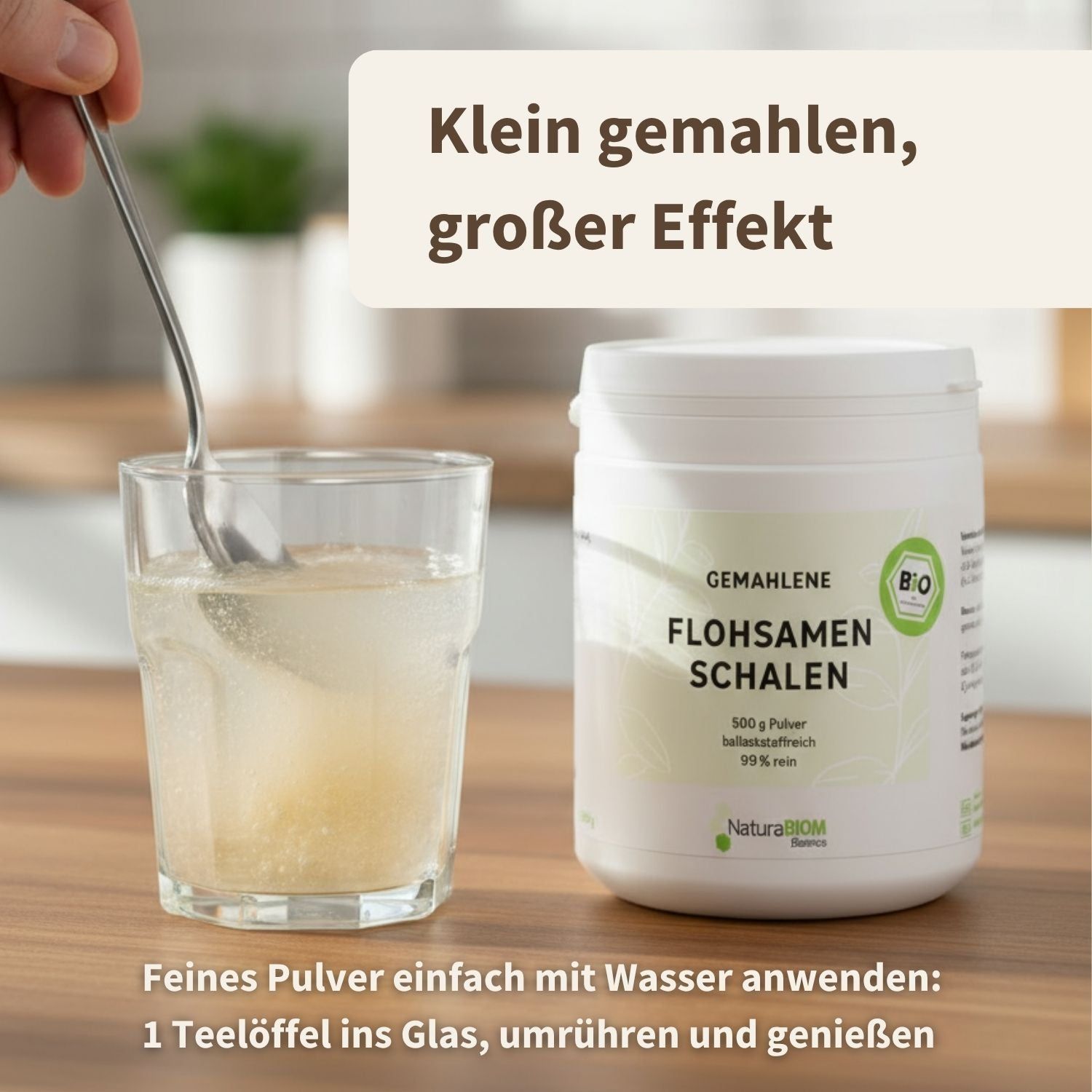 NaturaBIOM BIO Flohsamenschalen Pulver - ballaststoffreich, 99% Reinheit, glutenfrei, extra fein