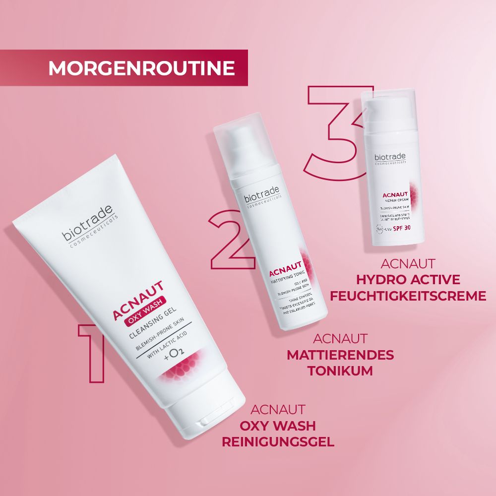 Drei Produkte. Acnaut Oxy Wash, Acnaut Mattierendes Tonikum, Acnaut Hydro Active Feuchtigkeitscreme.