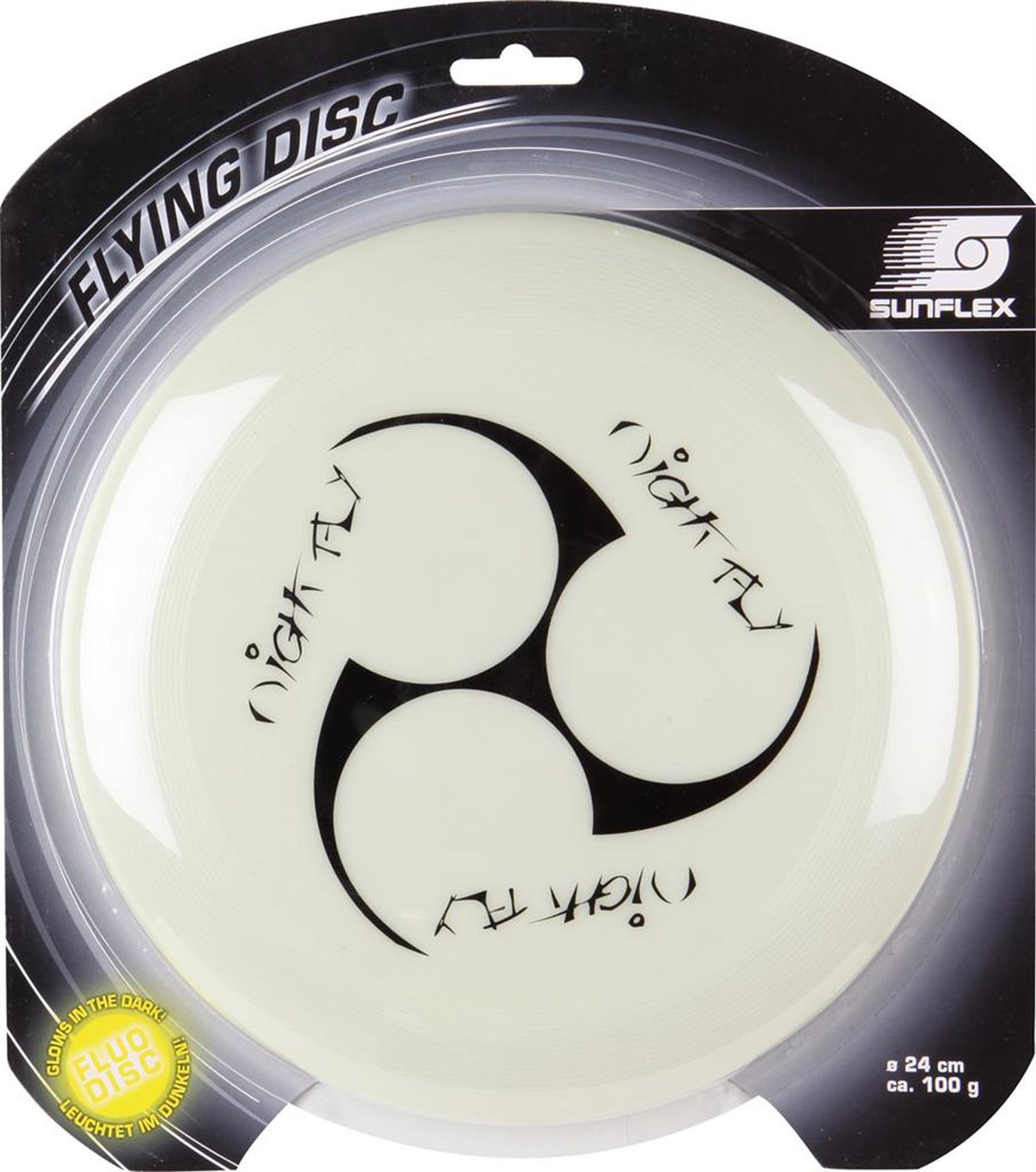 Frisbee in Blisterverpackung. Weißer Frisbee mit schwarzem Design und Schriftzug 'Night Fly'. Logo Sunflex.