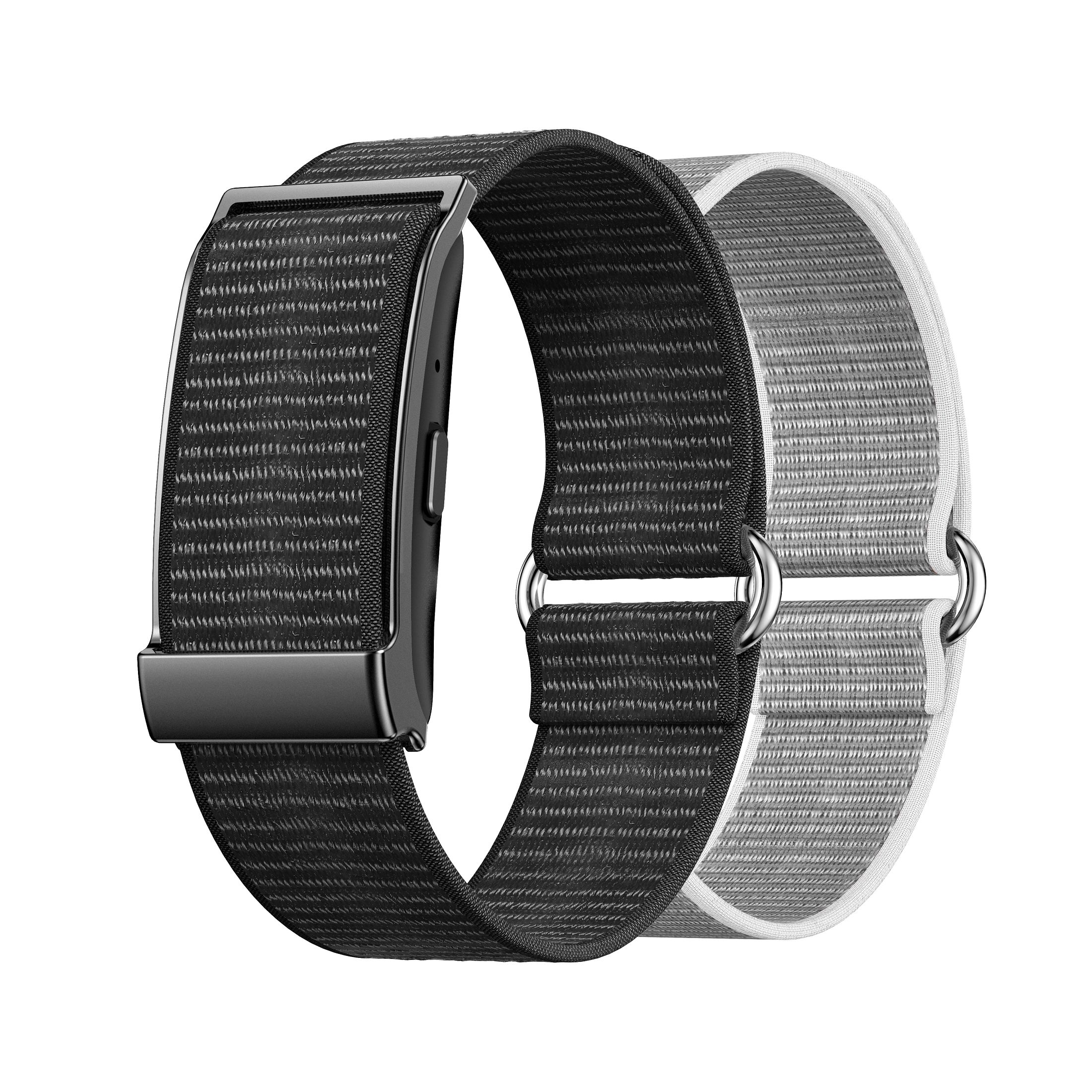 Zwei Fitnessbänder mit Stoffarmbändern, schwarz und grau. Schwarzes Gehäuse, graues und schwarzes Armband.