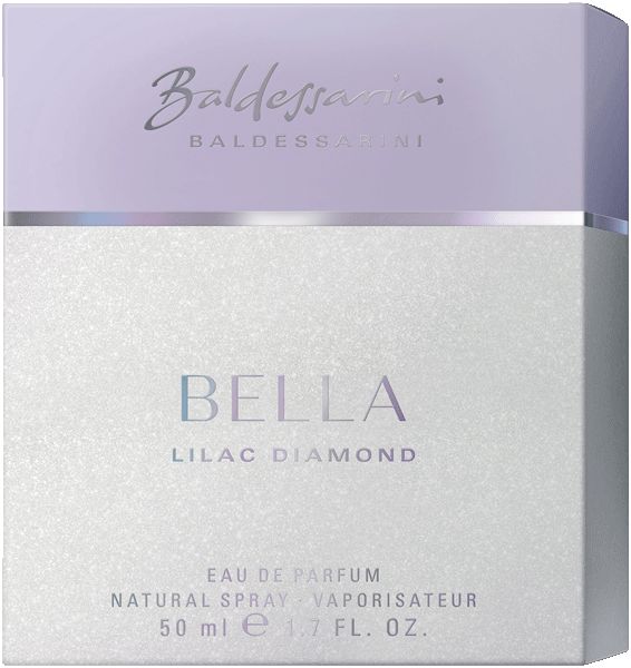 Verpackung von Baldessarini Bella Lilac Diamond. Aufschrift: BELLA, LILAC DIAMOND, Eau de Parfum, Natural Spray, 50 ml.