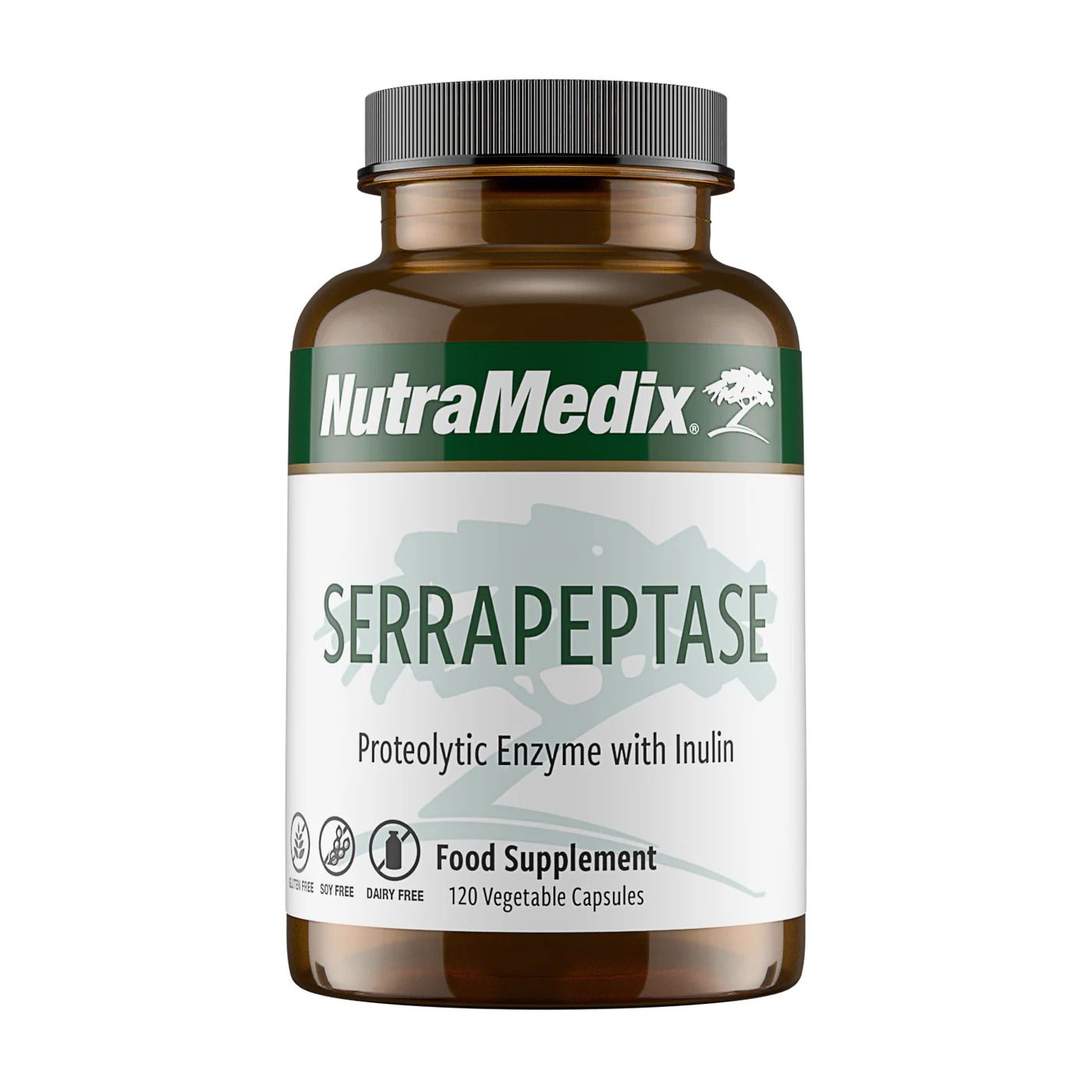 Nutramedix Serrapeptase mit Inulin, braune Kapselbehälter mit Etikett.