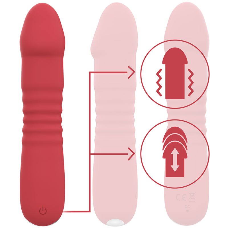 Roter Vibrator mit geriffelter Oberfläche. Illustrationen zeigen Vibrations- und Auf- und Abbewegung.