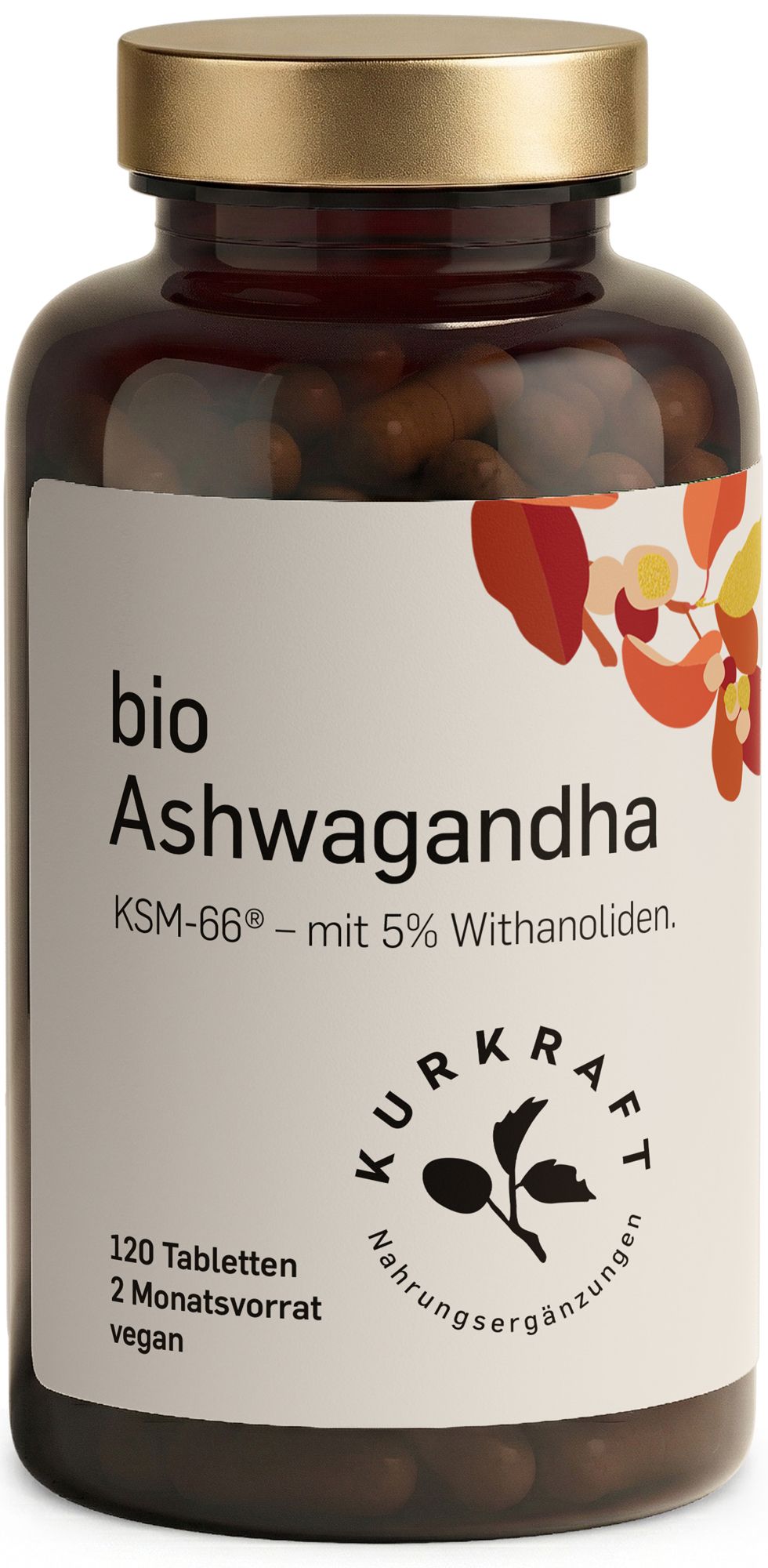 Braune Glasflasche mit Tabletten. Etikett mit Text: bio Ashwagandha KSM-66 mit 5% Withanoliden. 120 Tabletten, 2 Monatsvorrat, vegan.