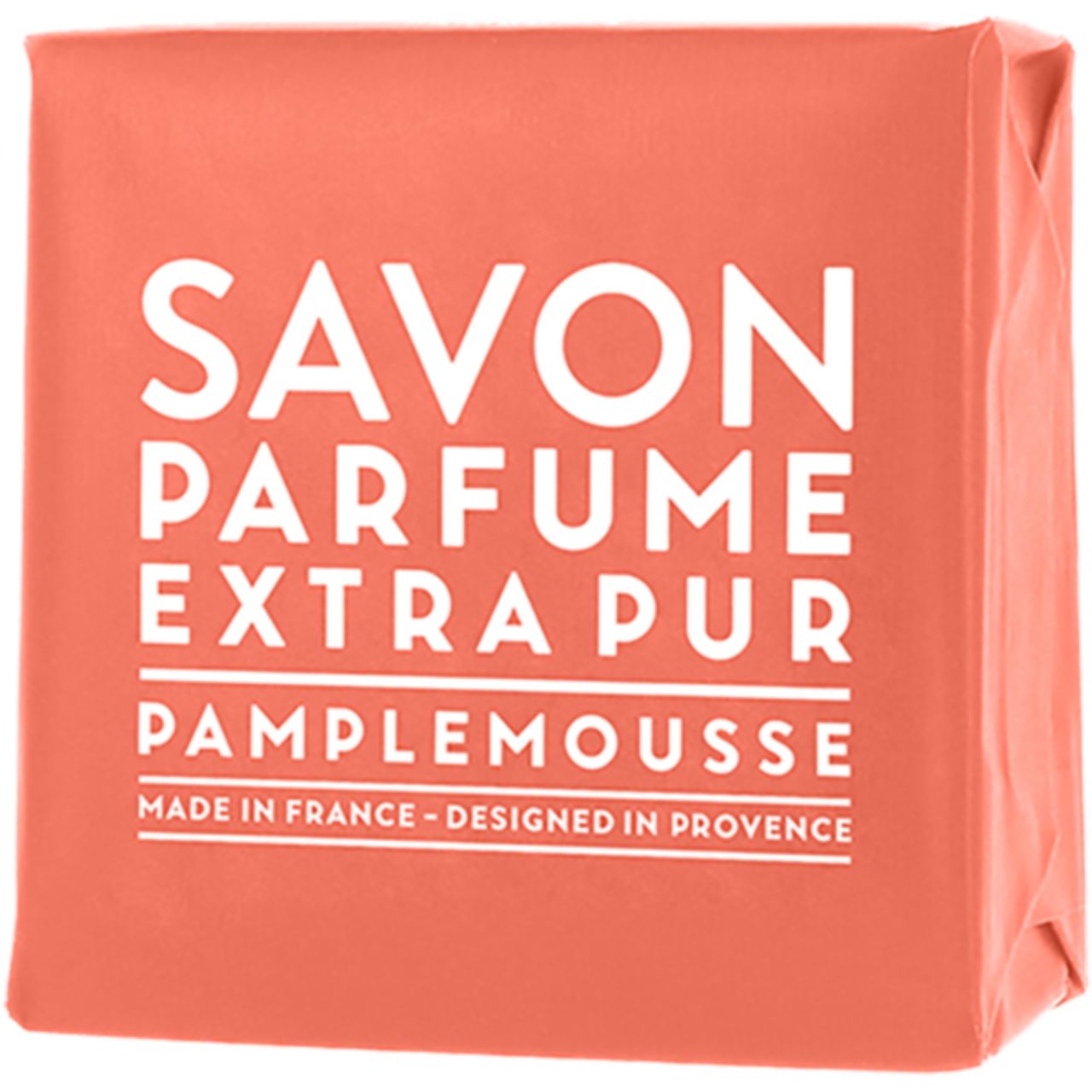 Rosa Seife in quadratischer Verpackung. Text: SAVON PARFUME EXTRA PUR PAMPLEMOUSSE. Hergestellt in Frankreich.