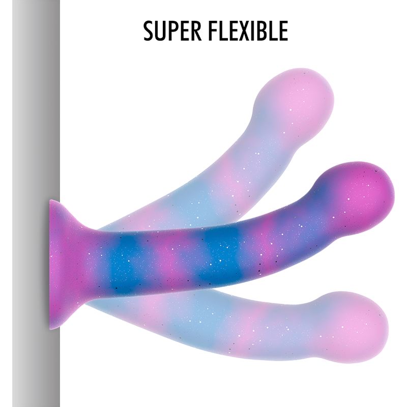 Drei lila-blaue Dildos in verschiedenen Positionen. Der Text "SUPER FLEXIBLE" ist oben.