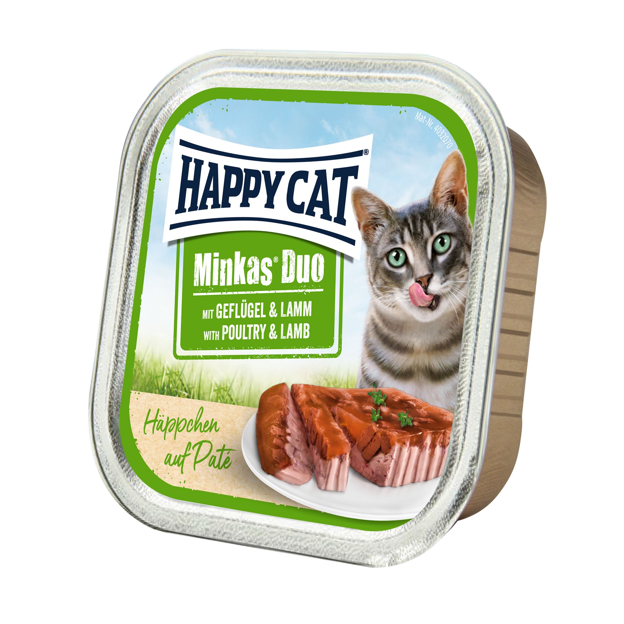 Verpackung von Happy Cat Minkas Duo Menü. Aufschrift: Geflügel & Lamm. Abgebildet ist eine Katze und Häppchen auf Paté.