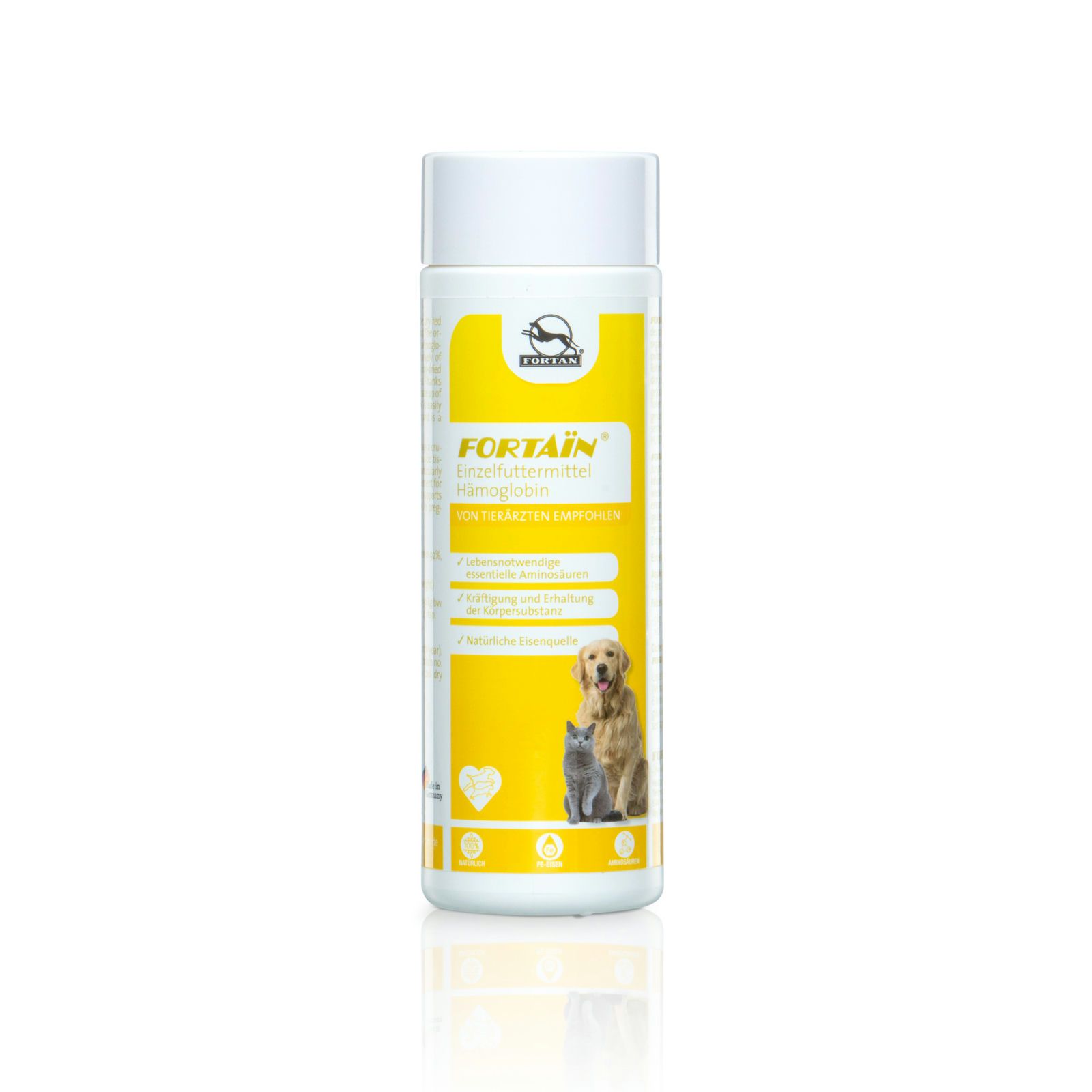 Zylindrische Flasche mit gelbem Etikett. Aufschrift: FORTAIN, tierische Proteinquelle. Abbildung von Hund und Katze.
