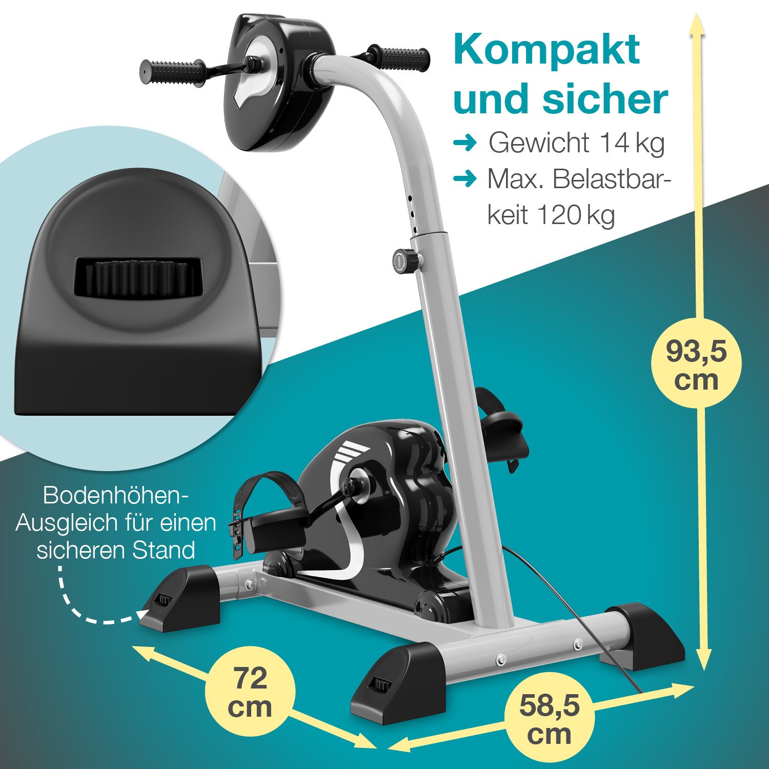 Arm- und Beintrainer. Maße: 72 cm x 58,5 cm x 93,5 cm. Gewicht 14 kg. Max. Belastbarkeit 120 kg. Schwarzes Display.