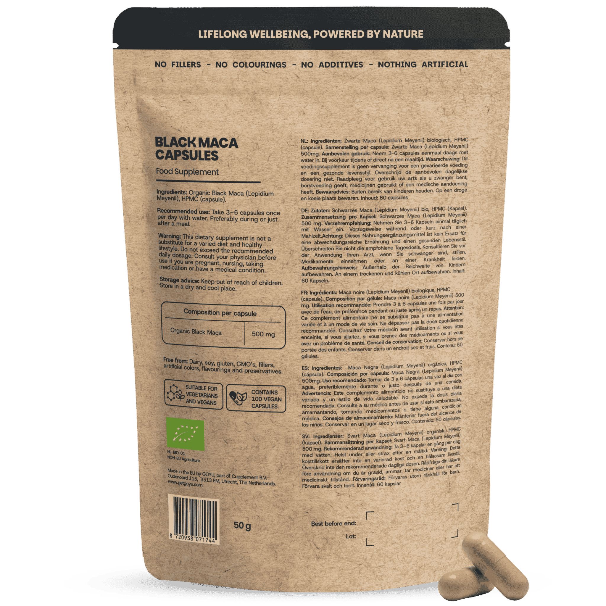 Braune Papiertüte mit schwarzem Aufdruck 'Black Maca Capsules'. Enthält 120 vegane Kapseln. Zwei Kapseln liegen daneben.