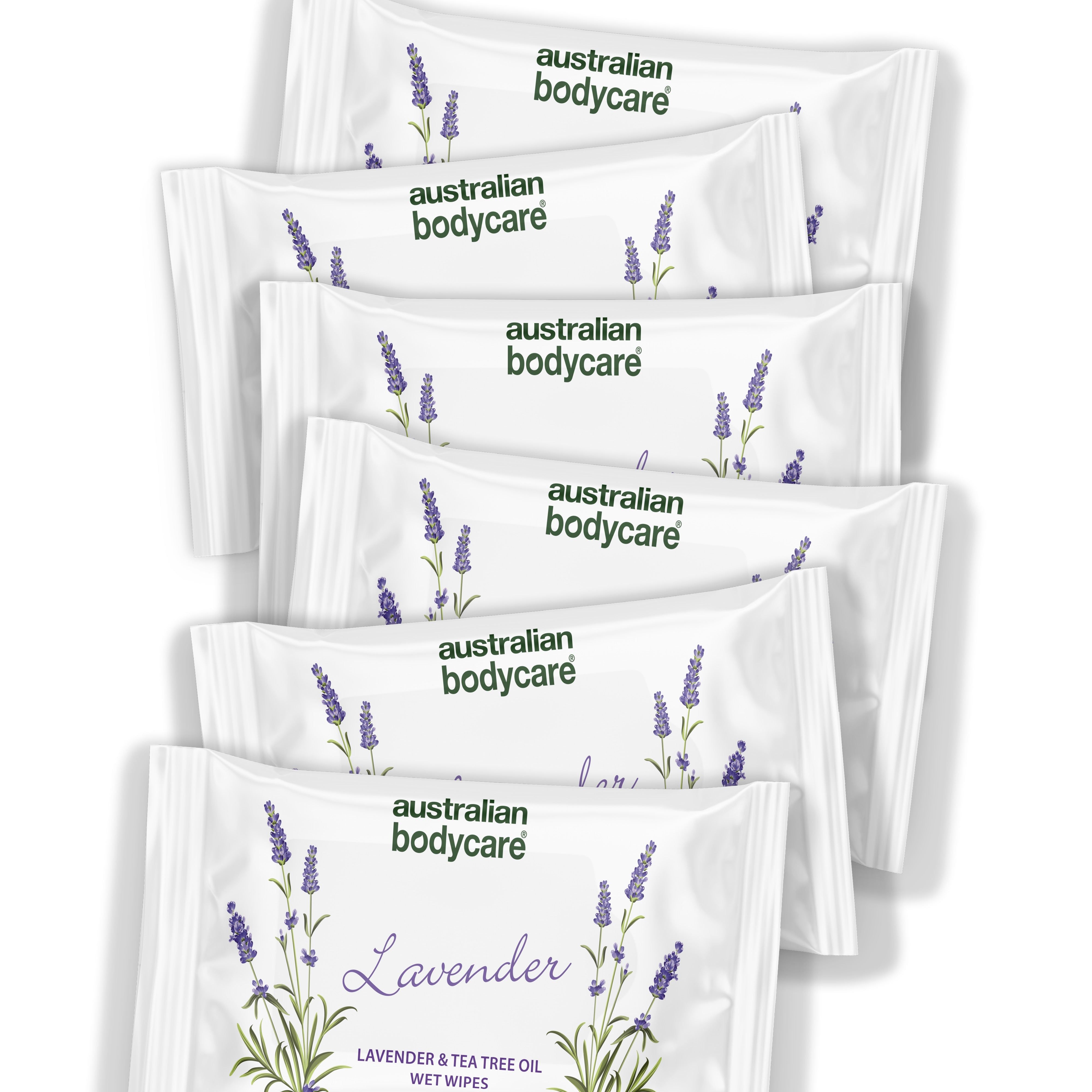 Mehrere weiße Verpackungen mit Lavendel-Motiv und der Aufschrift "australian bodycare".