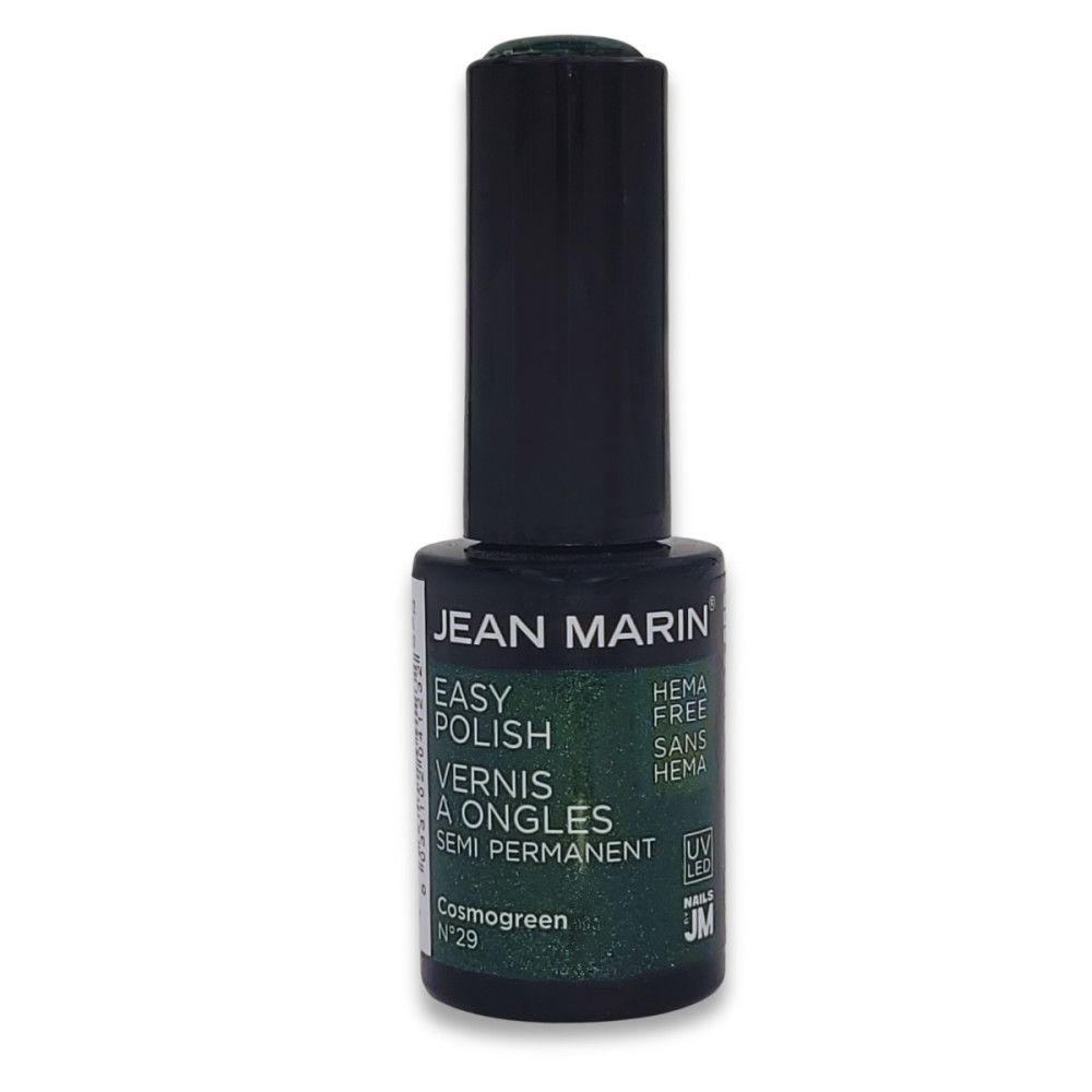 Dunkelgrüner Nagellackflakon. Schwarzer Deckel. Aufschrift: JEAN MARIN, EASY POLISH, HEMA FREE. Farbton: Cosmogreen N°29.