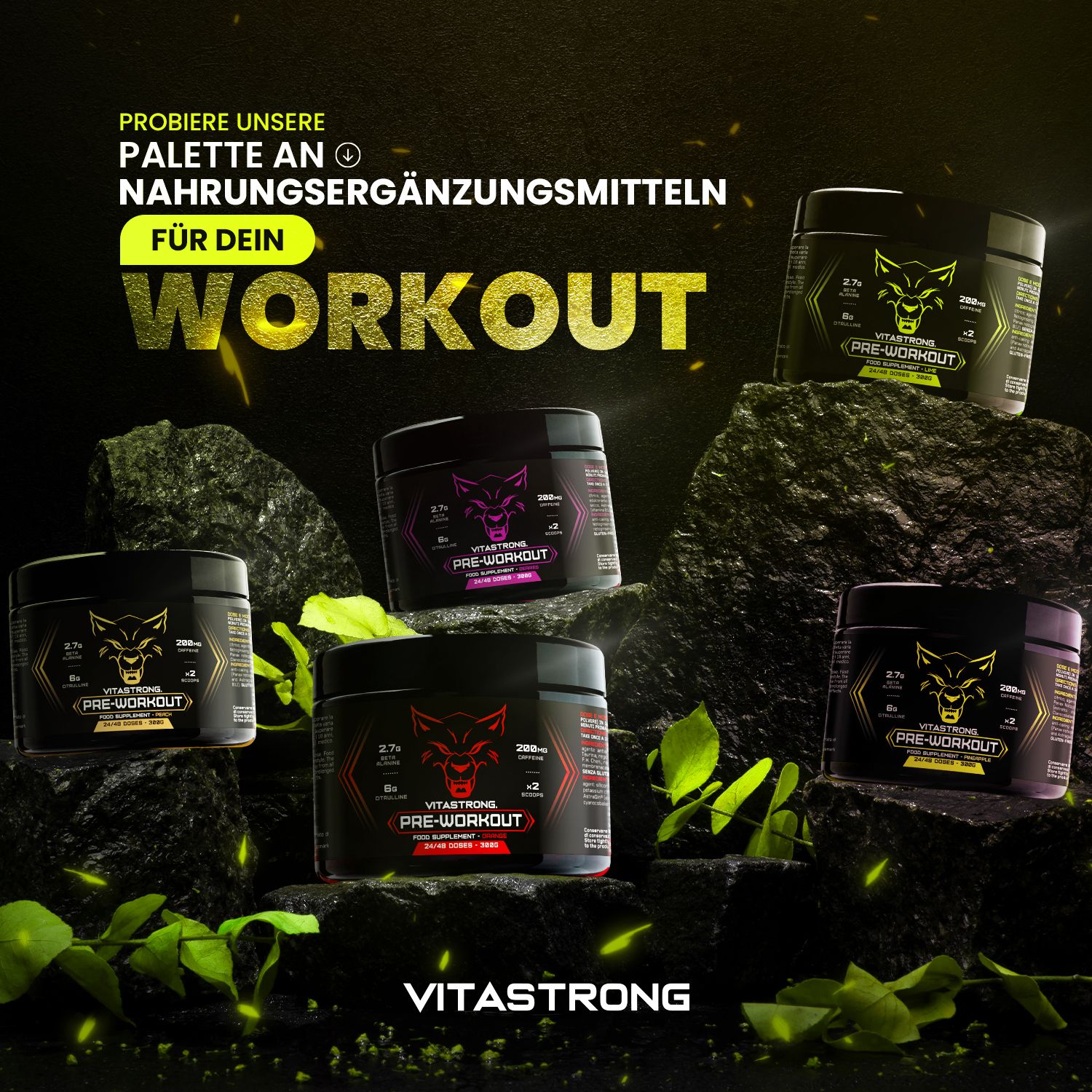 Mehrere Dosen Vitastrong Pre-Workout auf Felsen. Text: 'Nahrungsergänzungsmittel für dein Workout'.