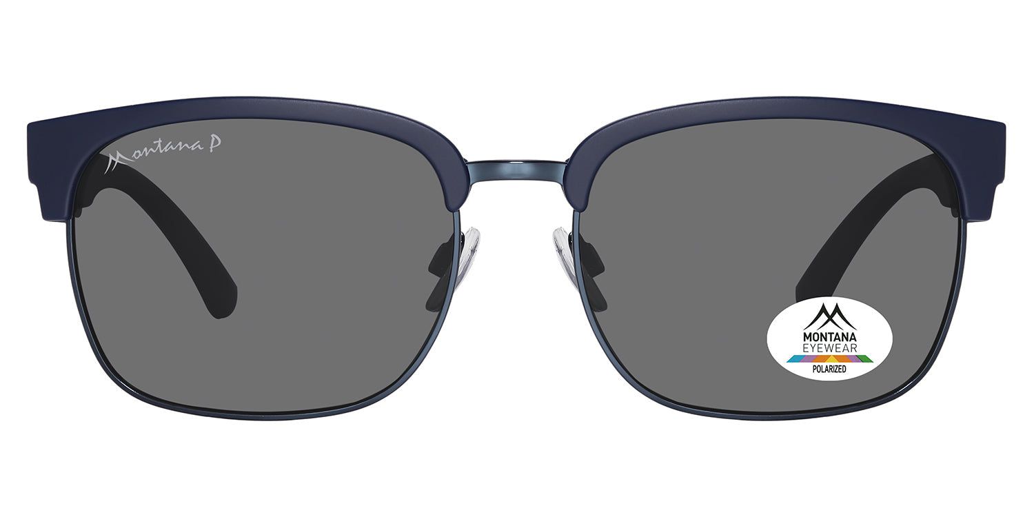Dunkelblaue Sonnenbrille mit grauen Gläsern. Montana Eyewear Logo auf dem Glas und Bügel. Runde Form, Metallrahmen.
