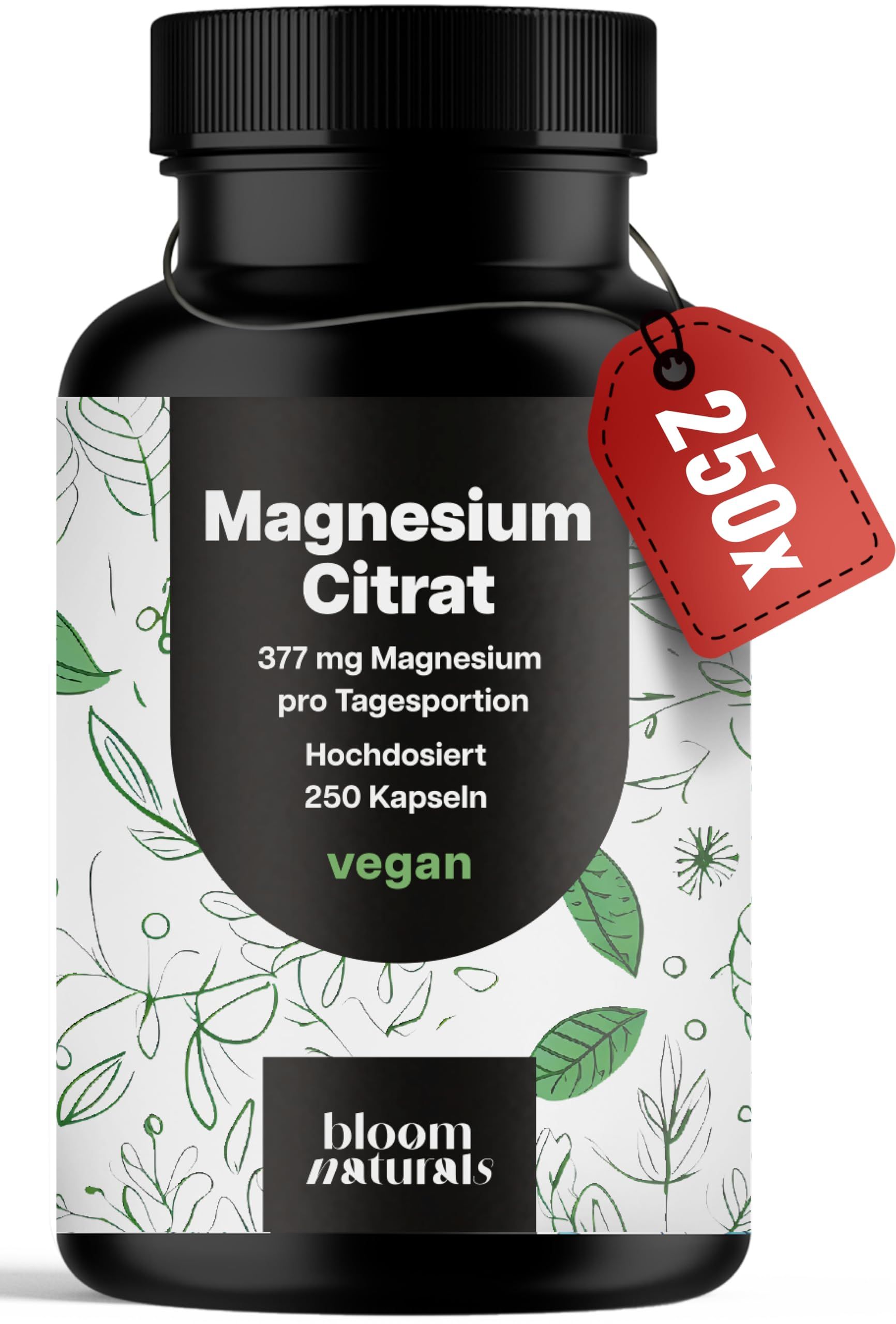 Schwarze Dose Magnesium Citrat mit rotem Anhänger "250x". Etikett zeigt 377 mg Magnesium, 250 Kapseln, vegan.