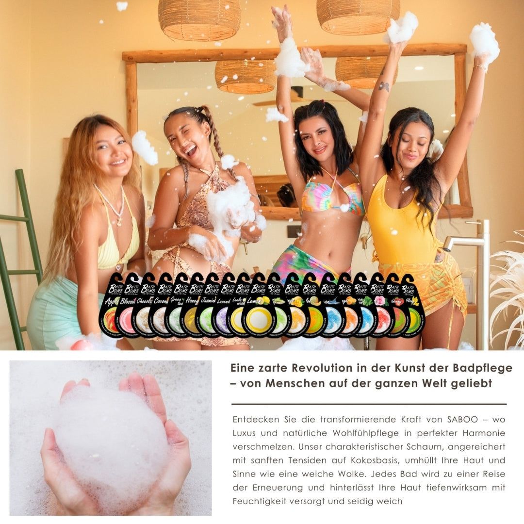 Frauen in Badewanne mit Schaum. Reihe von Badbomben-Verpackungen. SABOO-Logo. Text: Eine zarte Revolution in der Kunst der Badpflege.
