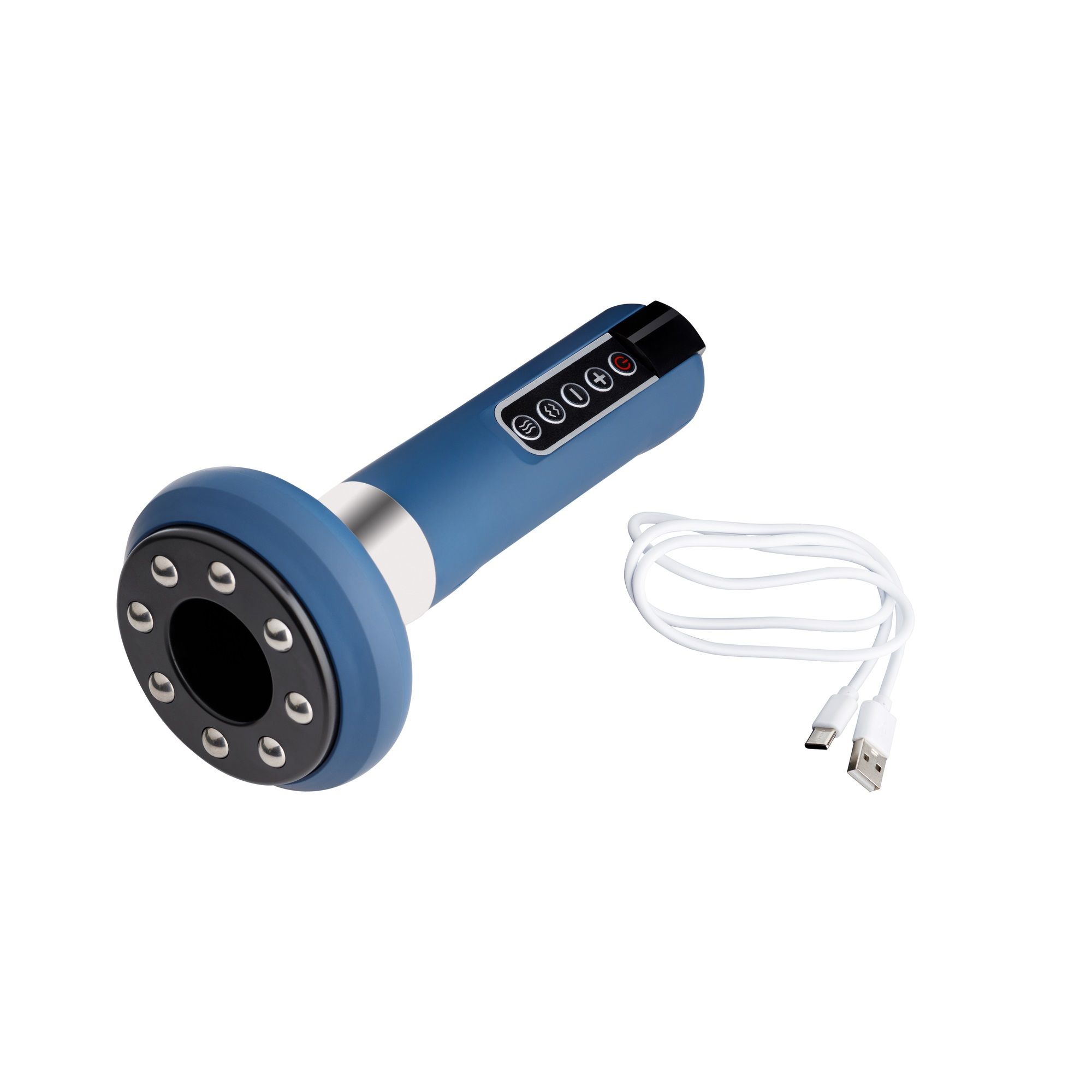 Blaues Massagegerät mit Bedienfeld und Ladeanschluss. Inklusive weißem USB-Kabel.