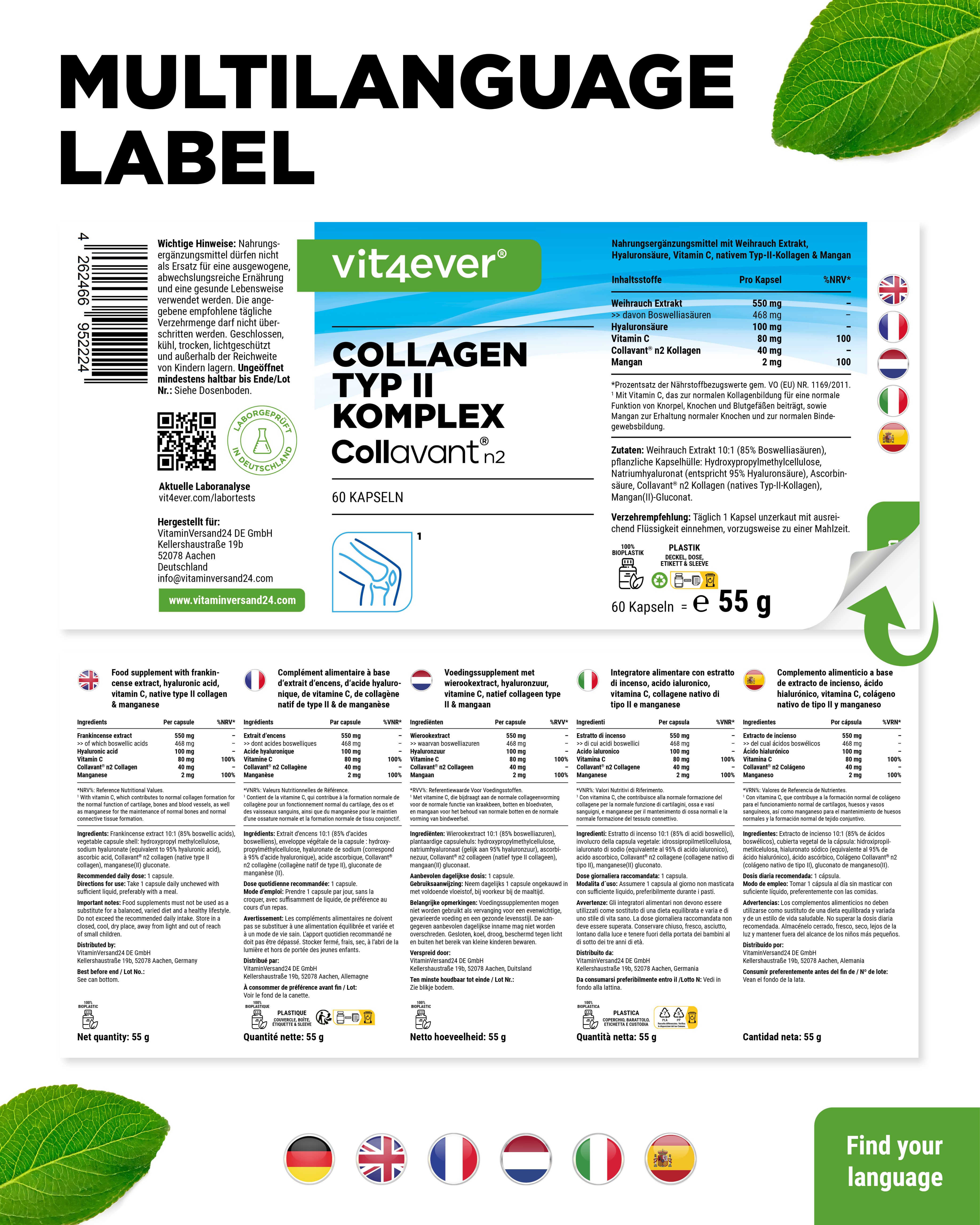 Produktetikett mit mehrsprachigen Informationen. Enthält Produktname: Collagen Typ II Komplex Collavant n2. 60 Kapseln. Vit4ever.