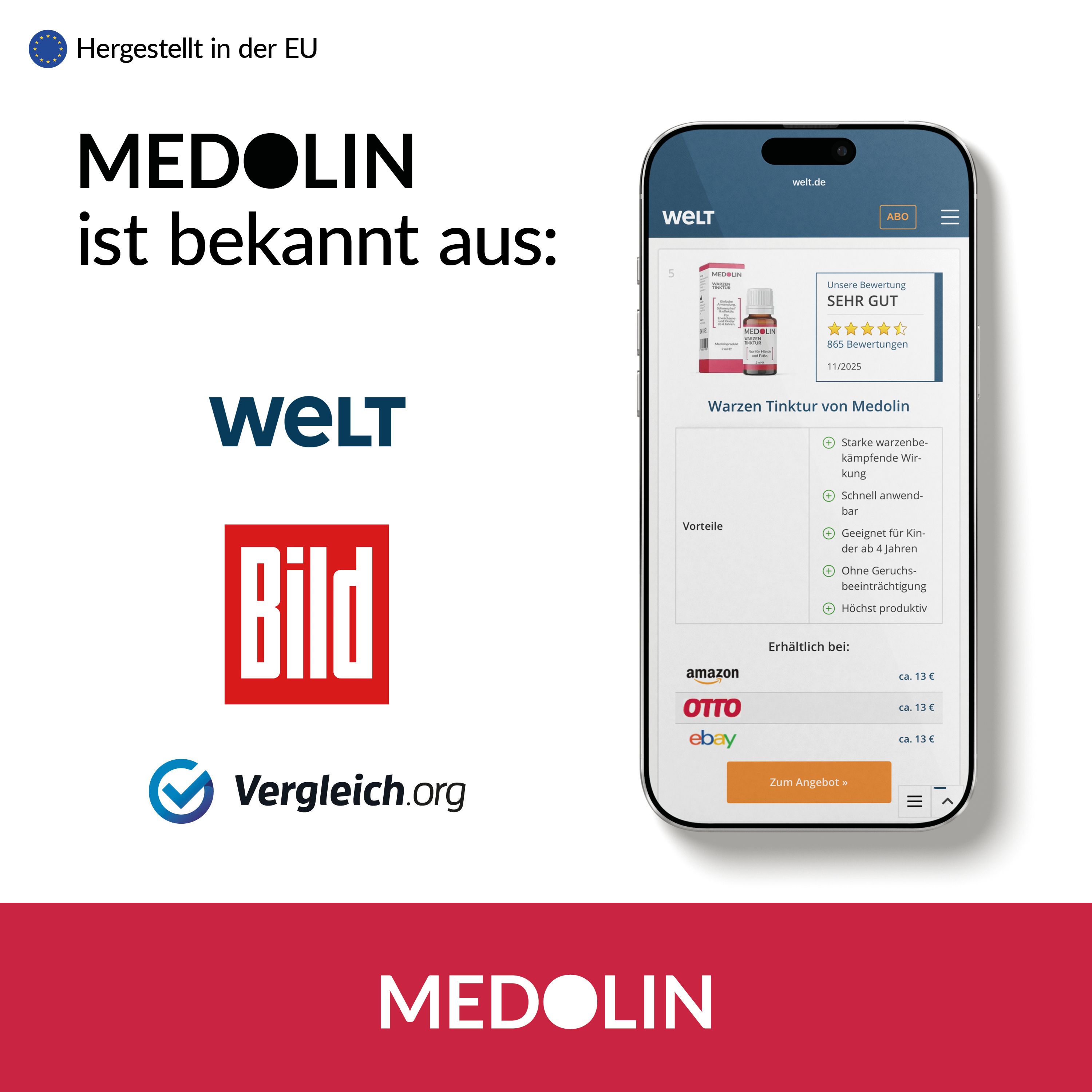 Smartphone zeigt Webseite mit Warzenmittel. Logos: WELT, BILD, Vergleich.org. Text: MEDOLIN ist bekannt aus. Marke: MEDOLIN.