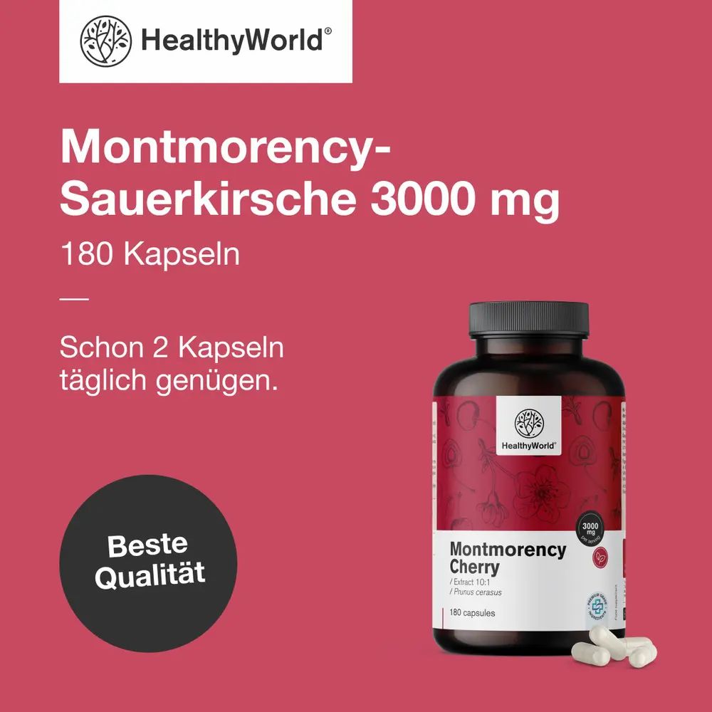 Produktflasche: Montmorency-Sauerkirsche 3000 mg, 180 Kapseln. Logo: HealthyWorld. Text: Schon 2 Kapseln täglich genügen. Beste Qualität.