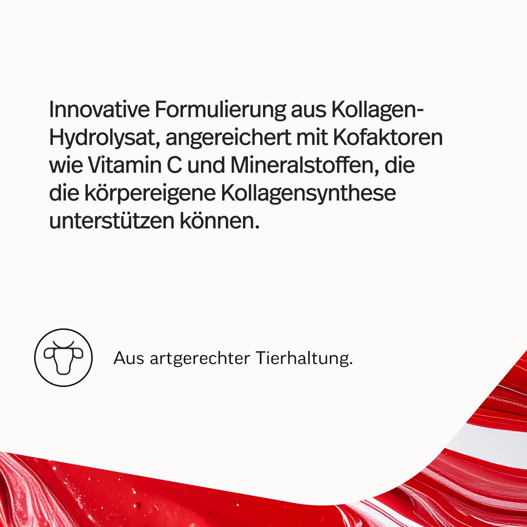 Text über innovative Formulierung mit Kollagen-Hydrolysat, Vitamin C und Mineralstoffen.