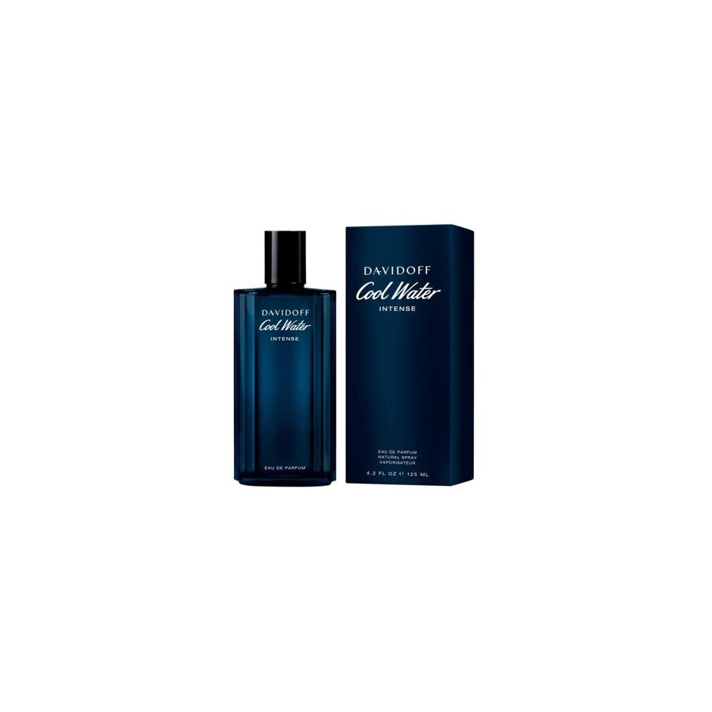 Blaues Parfümflakon und Schachtel. Schriftzug: Davidoff Cool Water Intense. Eau de Parfum. 4.2 FL OZ 125 ml.