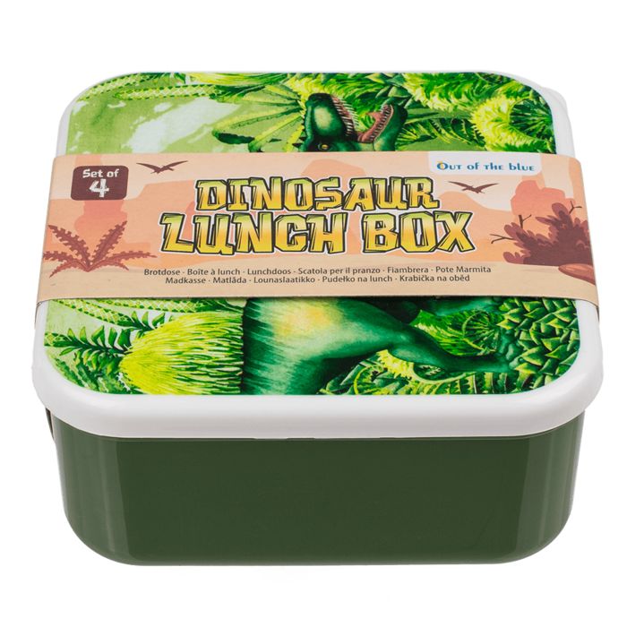 Grüne Brotdose mit Dinosaurier-Motiv und weißem Deckel. Auf dem Deckel steht "Dinosaurier Lunch Box". Das Produkt ist in einer Verpackung.