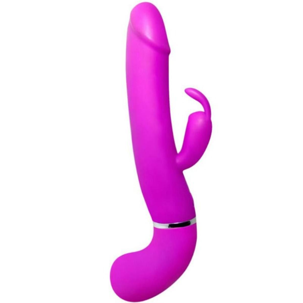 Lila Vibrator mit Kaninchenohren-Design. Gebogene Form, silberfarbener Ring.
