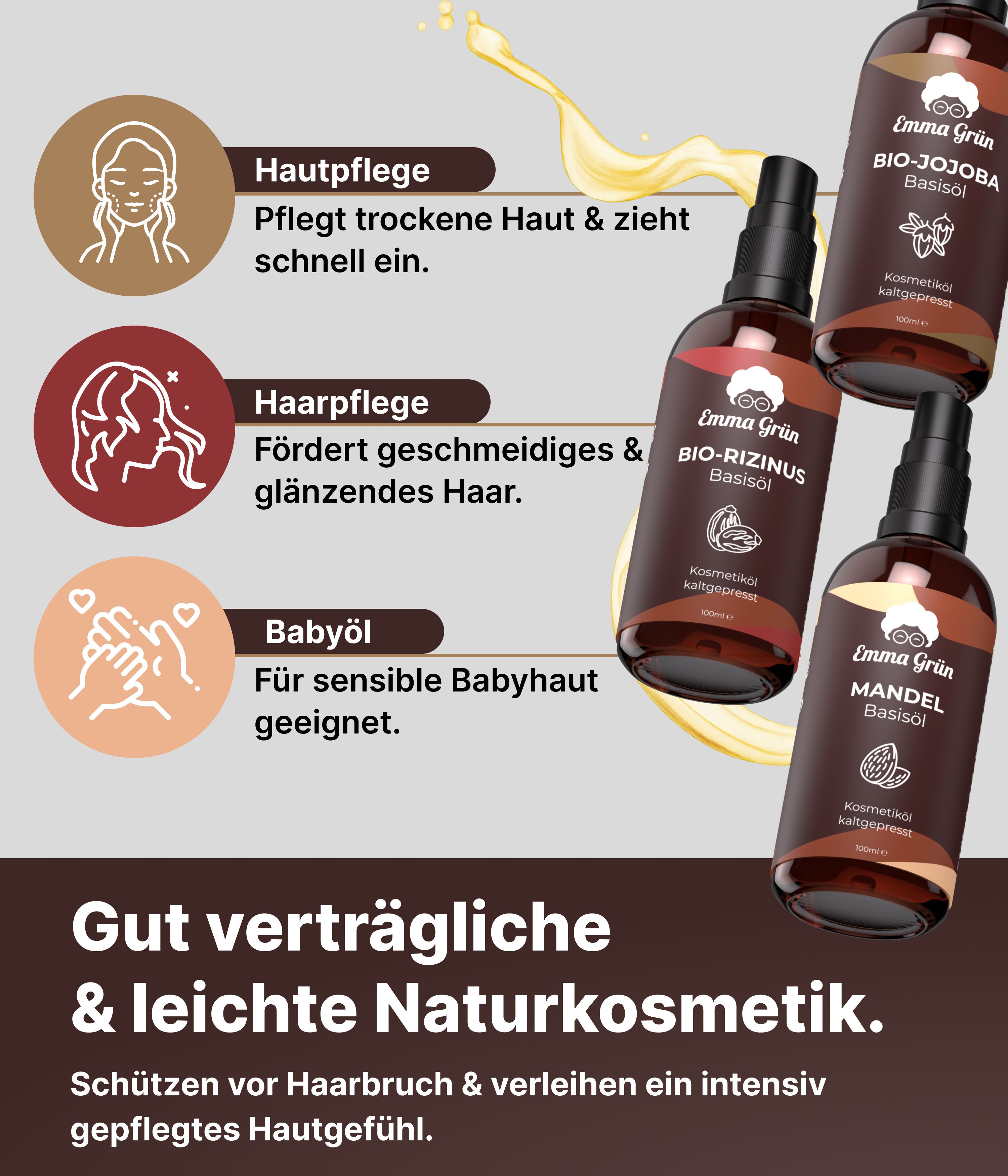 Drei Flaschen mit schwarzen Pumpen, daneben Icons und Text. Die Flaschen sind mit "Emma Grün" und den Ölnamen beschriftet: Rizinus, Jojoba, Mandel. "Bio" und "kaltgepresst".