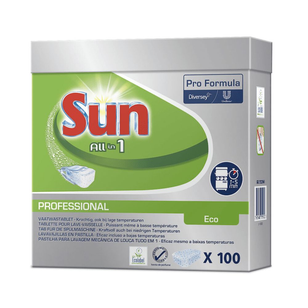 Karton mit SUN Professional All in One ECO Tabs. Grün-weißes Design. Text: Professional, Eco, X 100. Logo: Sun, All in 1.