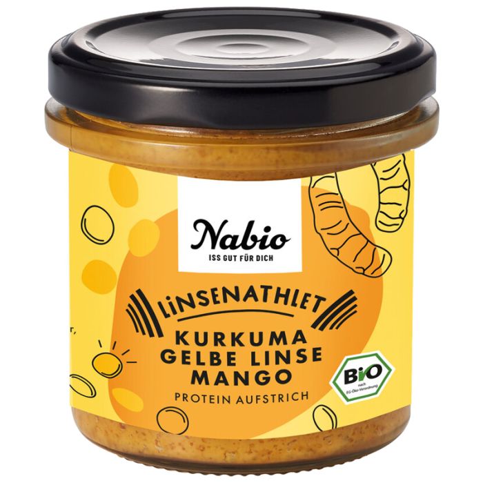 Glas mit Aufstrich. Auf gelbem Etikett: Nabio, Linsenathlet, Kurkuma, Gelbe Linse, Mango. Bio-Siegel.