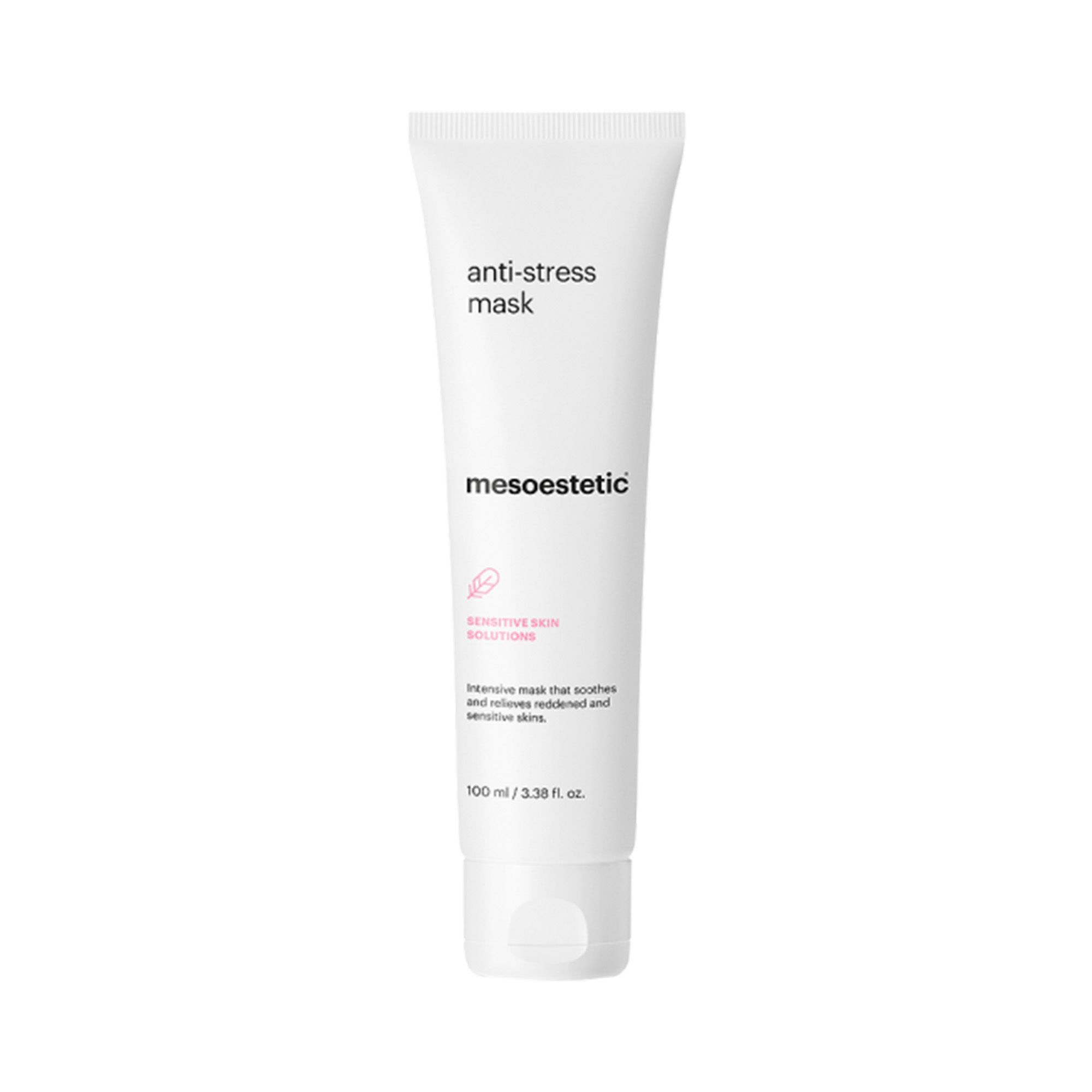 Weiße Tube mit "anti-stress mask" und "mesoestetic" Schriftzug. Text: "Sensitive Skin Solutions".