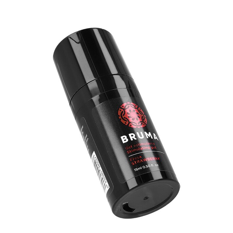 Schwarze Flasche mit BRUMA Logo, enth	ilde{A}lt 15ml Erdbeer-Gel.