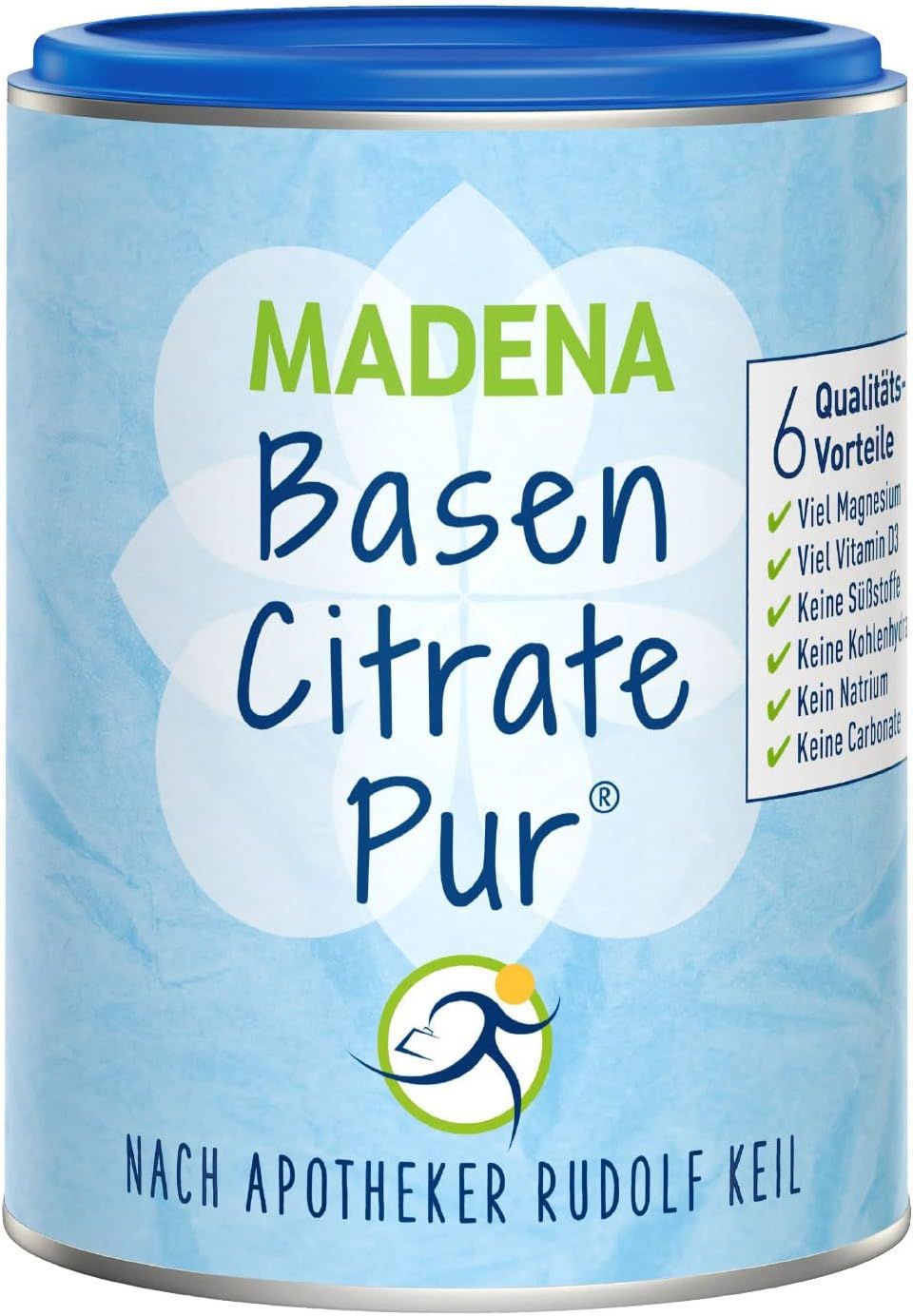 Zylindrische Dose mit blauem Deckel. Aufschrift: MADENA Basen Citrate Pur. Auf der Dose sind 6 Qualitätsvorteile aufgelistet.