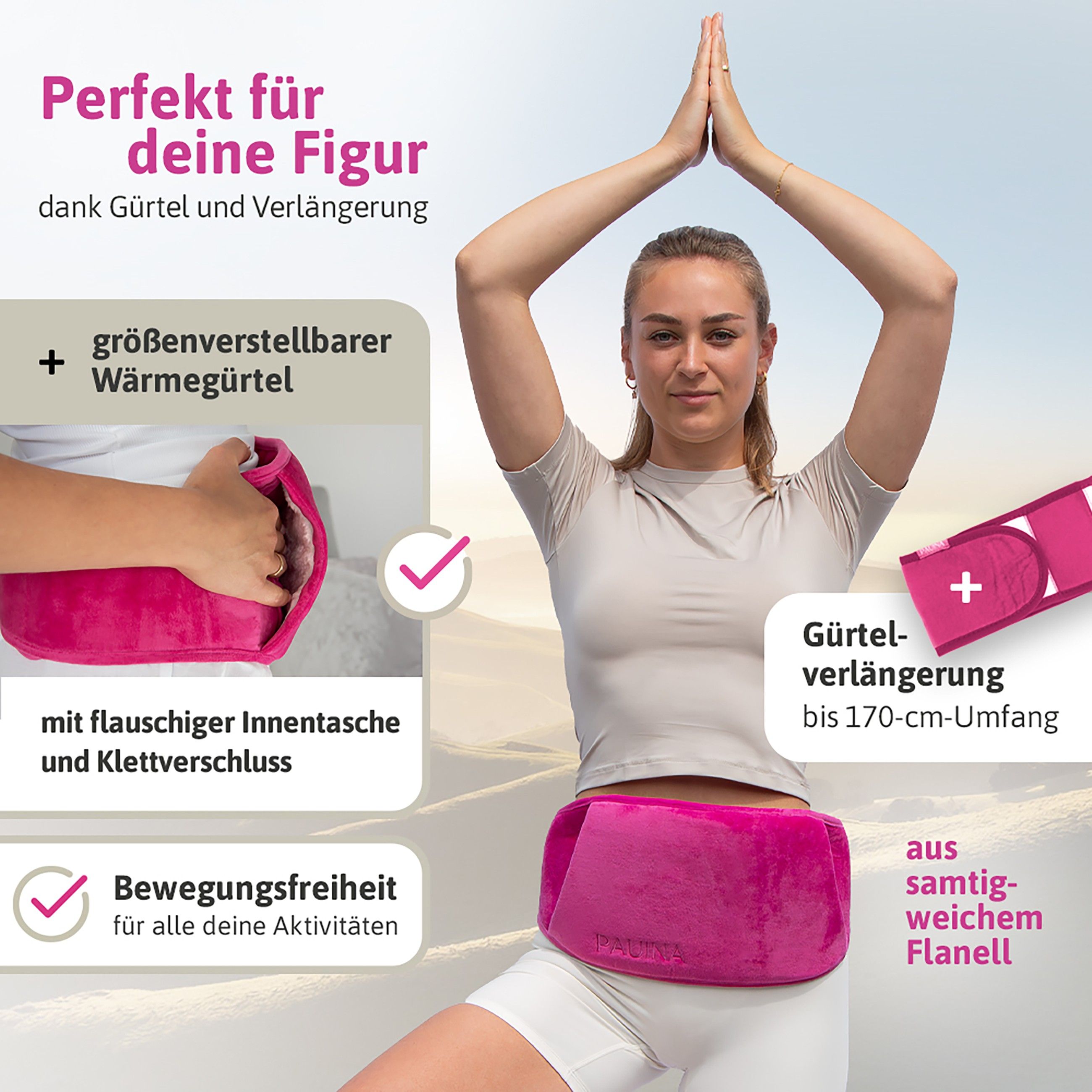 Frau mit pinkfarbenem Wärmegürtel. Text: größenverstellbar, mit Innentasche, Bewegungsfreiheit. Gürtelextension.