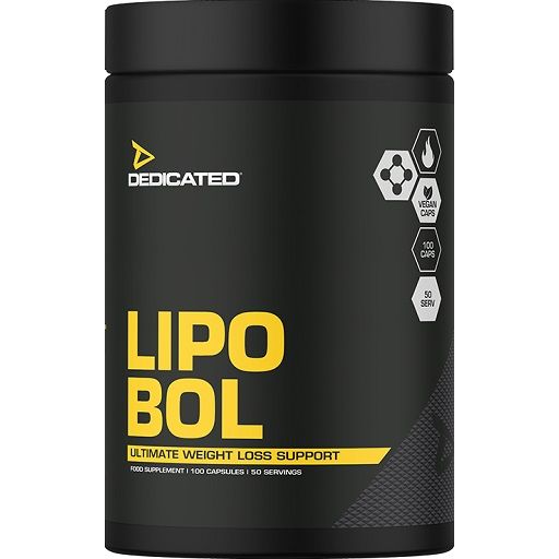 Schwarze Dose mit gelbem "LIPO BOL"-Schriftzug. "DEDICATED"-Logo oben. "ULTIMATE WEIGHT LOSS SUPPORT" darunter. Vegan-Siegel.