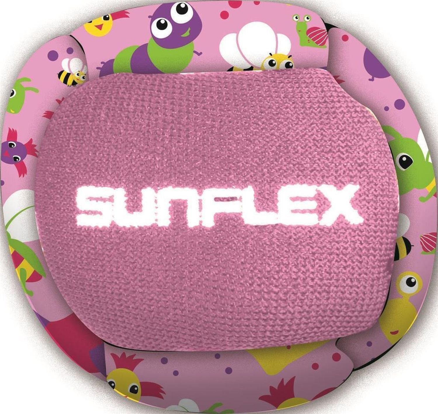 Nahaufnahme eines pinken Wurfballs mit SUNFLEX-Schriftzug. Der Ball ist mit Vögeln, Bienen und Raupen bedruckt.