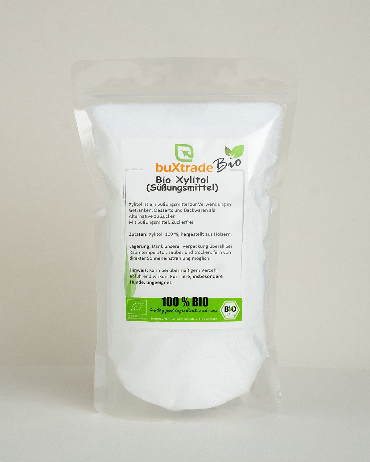 Ein Beutel Buxtrade Bio Xylitol (Süßungsmittel) mit Bio-Siegel und Nährwertangaben.