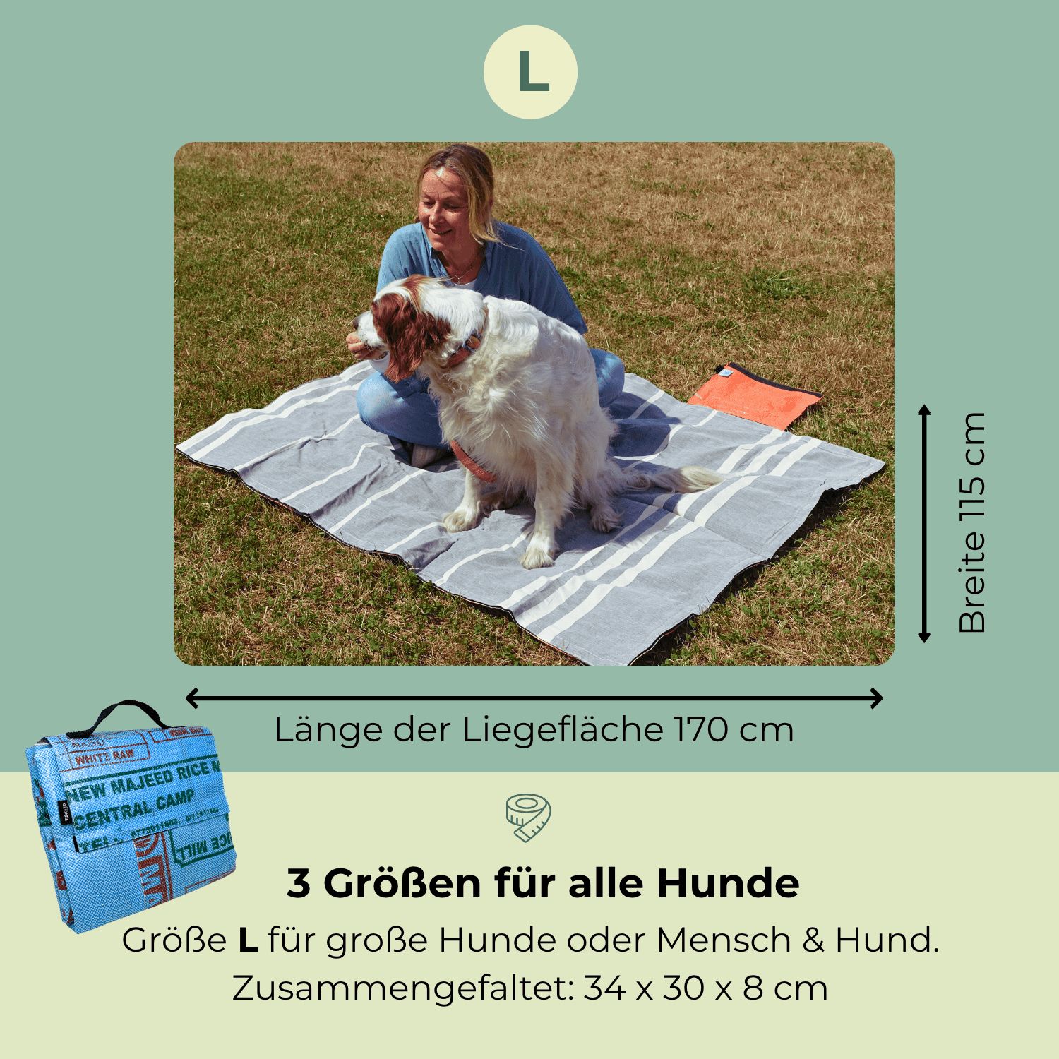 Größe L: Frau und Hund auf Decke im Gras, Maße angegeben.