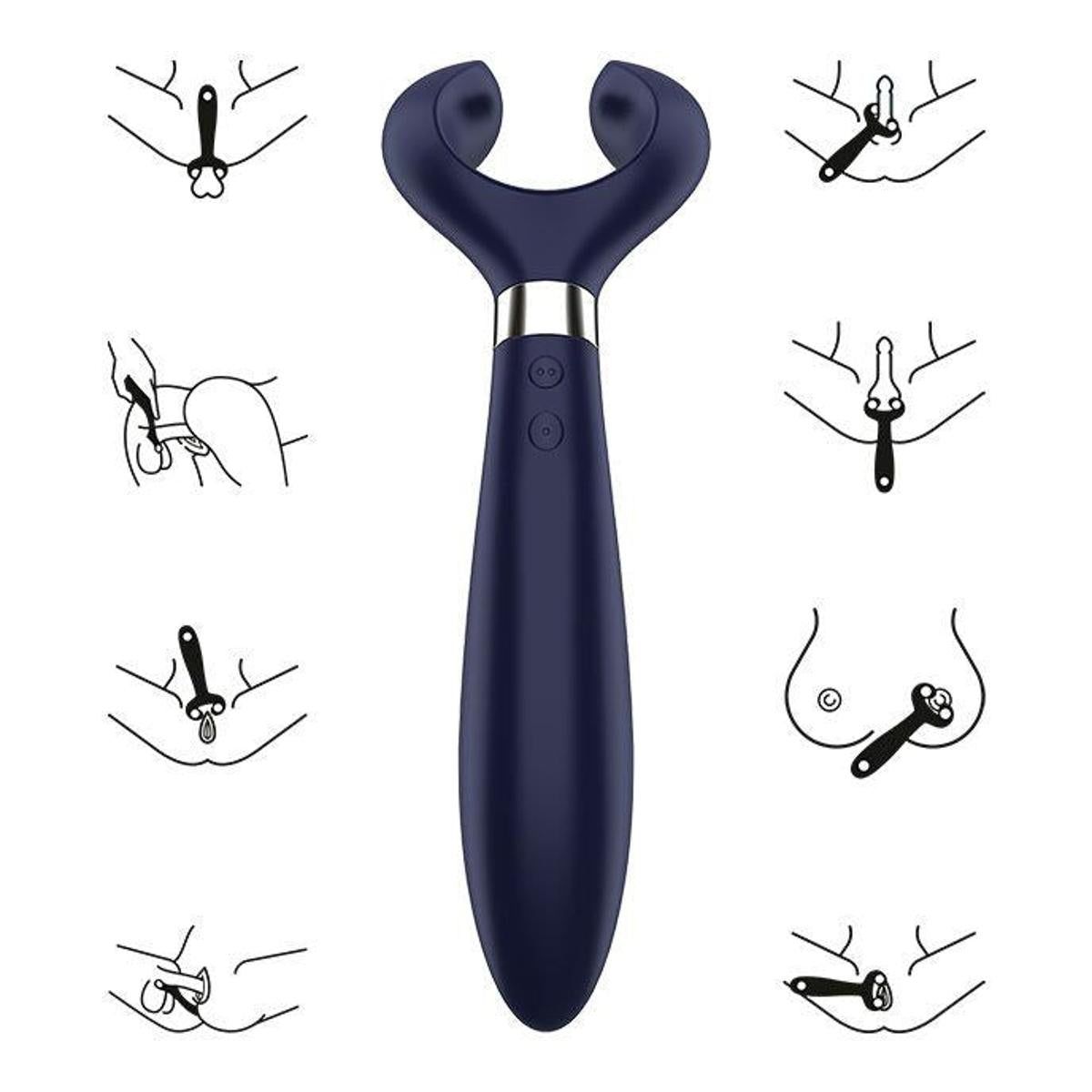 Dunkelblauer Paarvibrator mit gebogener Form. Illustrationen zeigen Anwendung. Silberfarbener Ring und zwei Knöpfe.